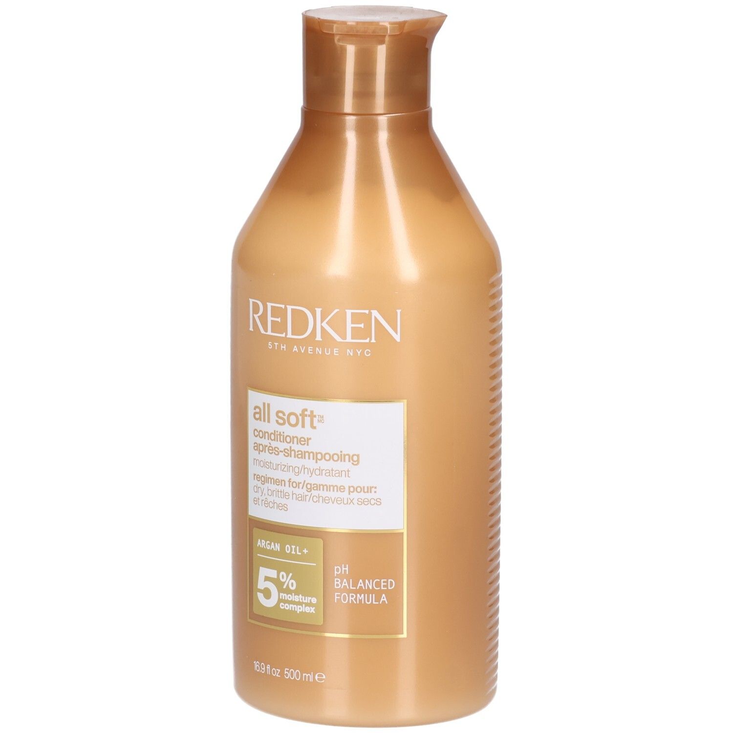 Flacon doré de revitalisant. Inscriptions : Redken, All Soft, Conditioner, 5% Moisture Complex, pH Balanced Formula.