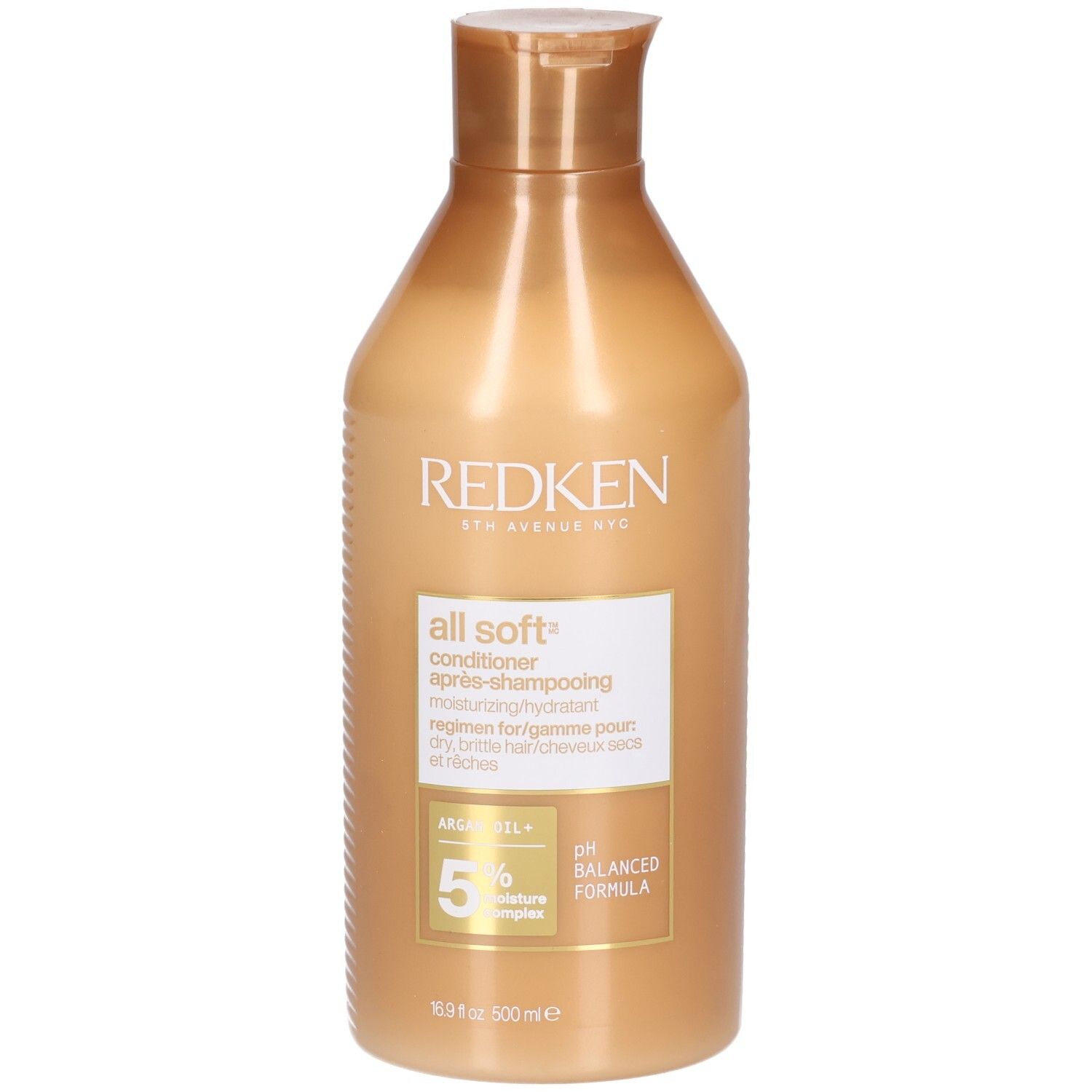 Flacon doré de revitalisant. Inscriptions : Redken, All Soft, Conditioner, 5% Moisture Complex, pH Balanced Formula.