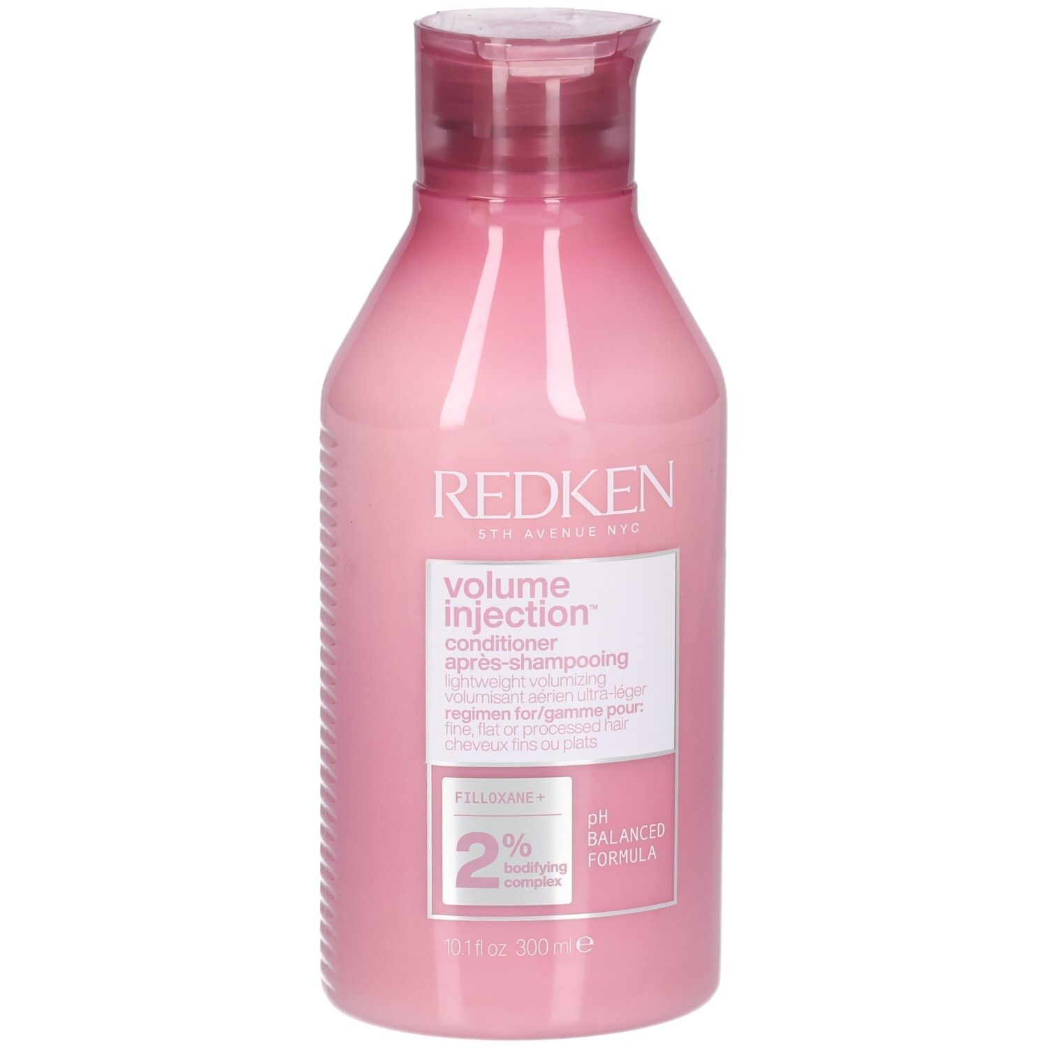 Flacon rose avec bouchon rouge. Inscription: Redken Volume Injection Conditioner. Contient 2% de Filloxane. Formule pH équilibré.