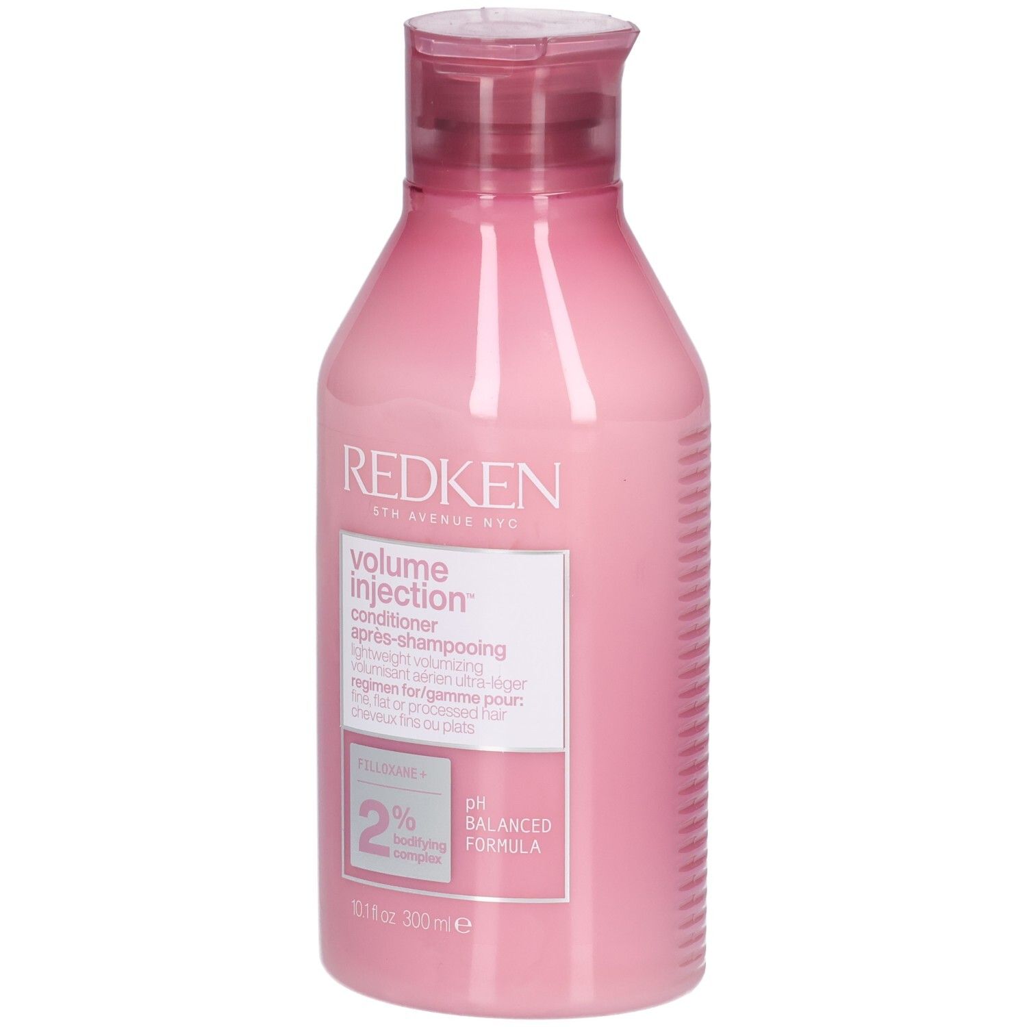 Flacon rose avec bouchon rouge. Inscription: Redken Volume Injection Conditioner. Contient 2% de Filloxane. Formule pH équilibré.