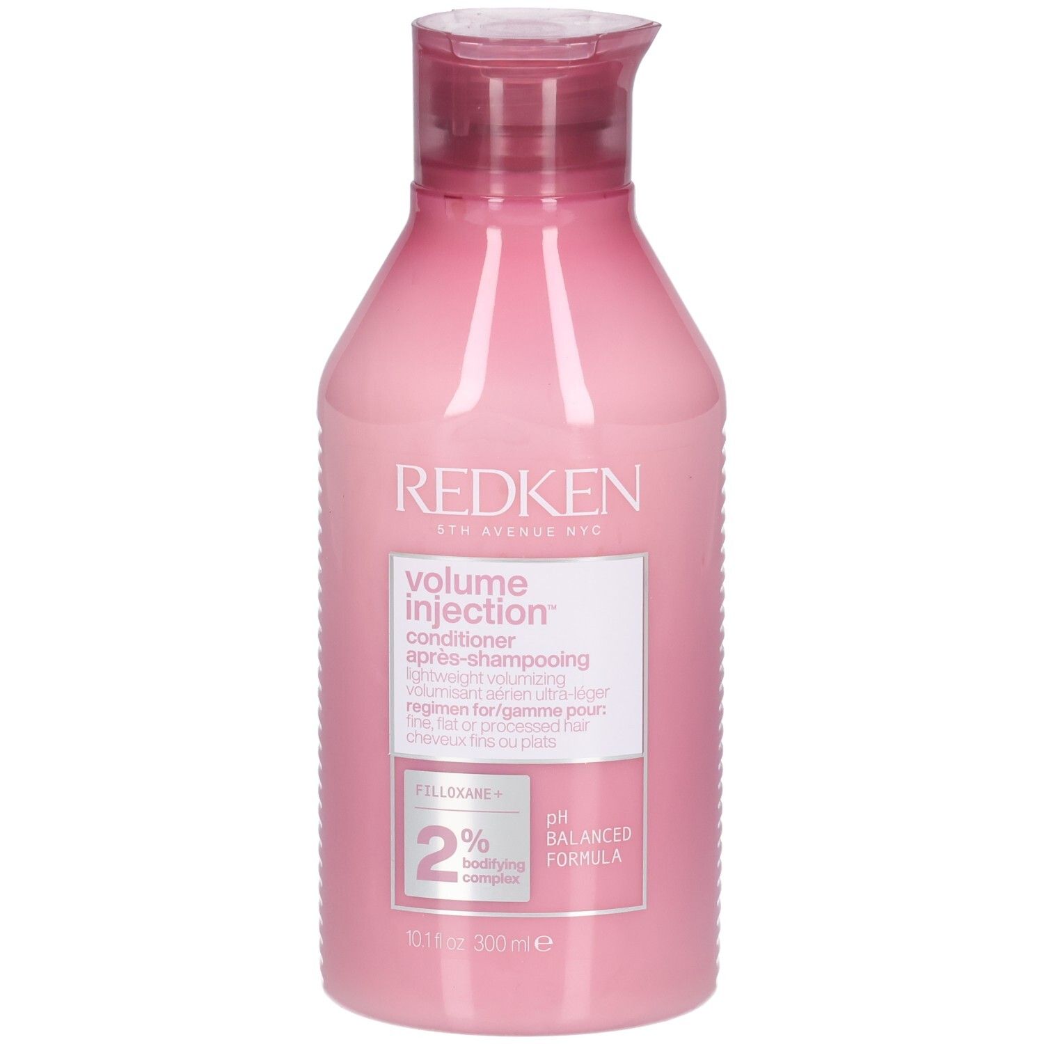 Flacon rose avec bouchon rouge. Inscription: Redken Volume Injection Conditioner. Contient 2% de Filloxane. Formule pH équilibré.