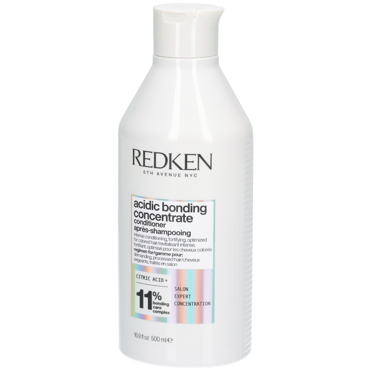 Bouteille blanche de revitalisant. Inscriptions: REDKEN, acidic bonding concentrate, 11% bonding care complex, 500ml.