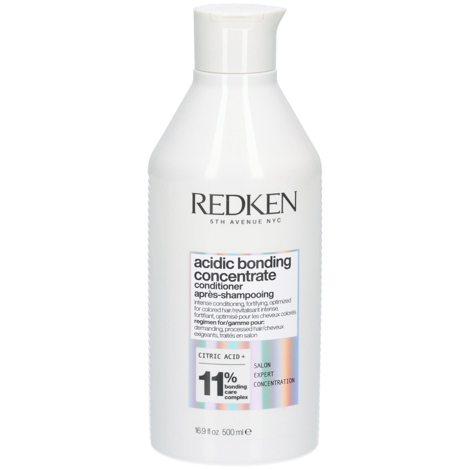 Bouteille blanche de revitalisant. Inscriptions: REDKEN, acidic bonding concentrate, 11% bonding care complex, 500ml.