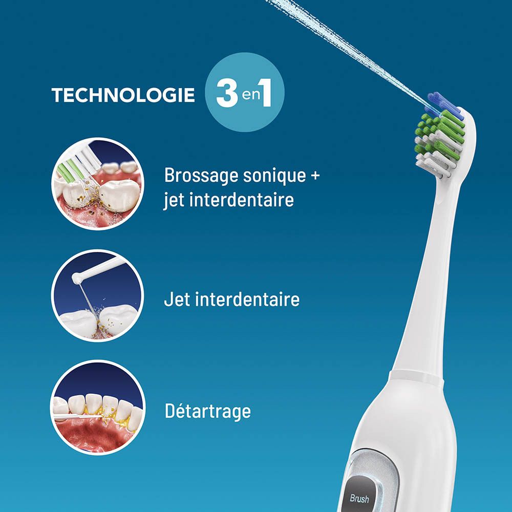 Brosse à dents Haepi-Julia avec technologie 3 en 1. Illustration des fonctions : brossage sonique, jet d'eau, détartrage.