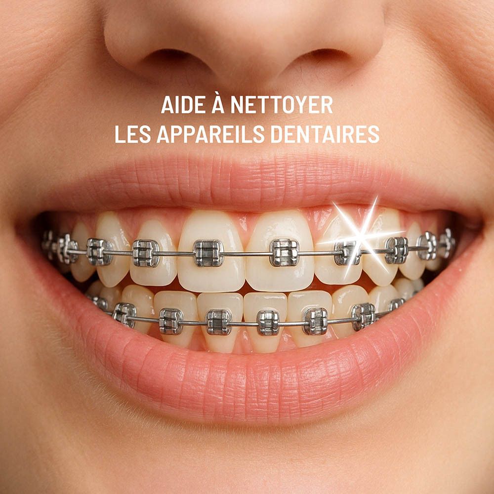 Dents avec appareil dentaire. La brosse à dents Haepi-Julia aide à nettoyer les appareils dentaires.