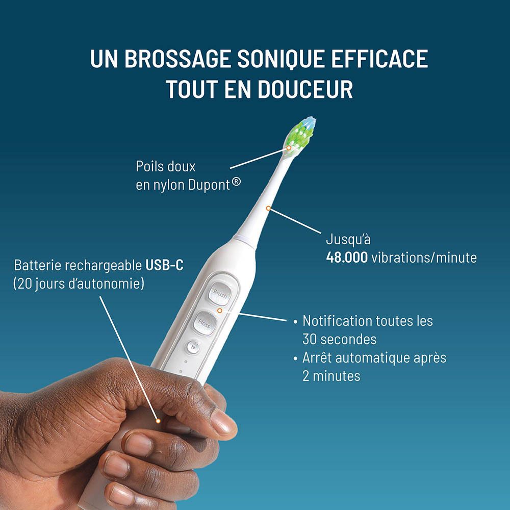 Brosse à dents Haepi-Julia en main. Soies douces en nylon Dupont. Jusqu'à 48 000 vibrations/minute.