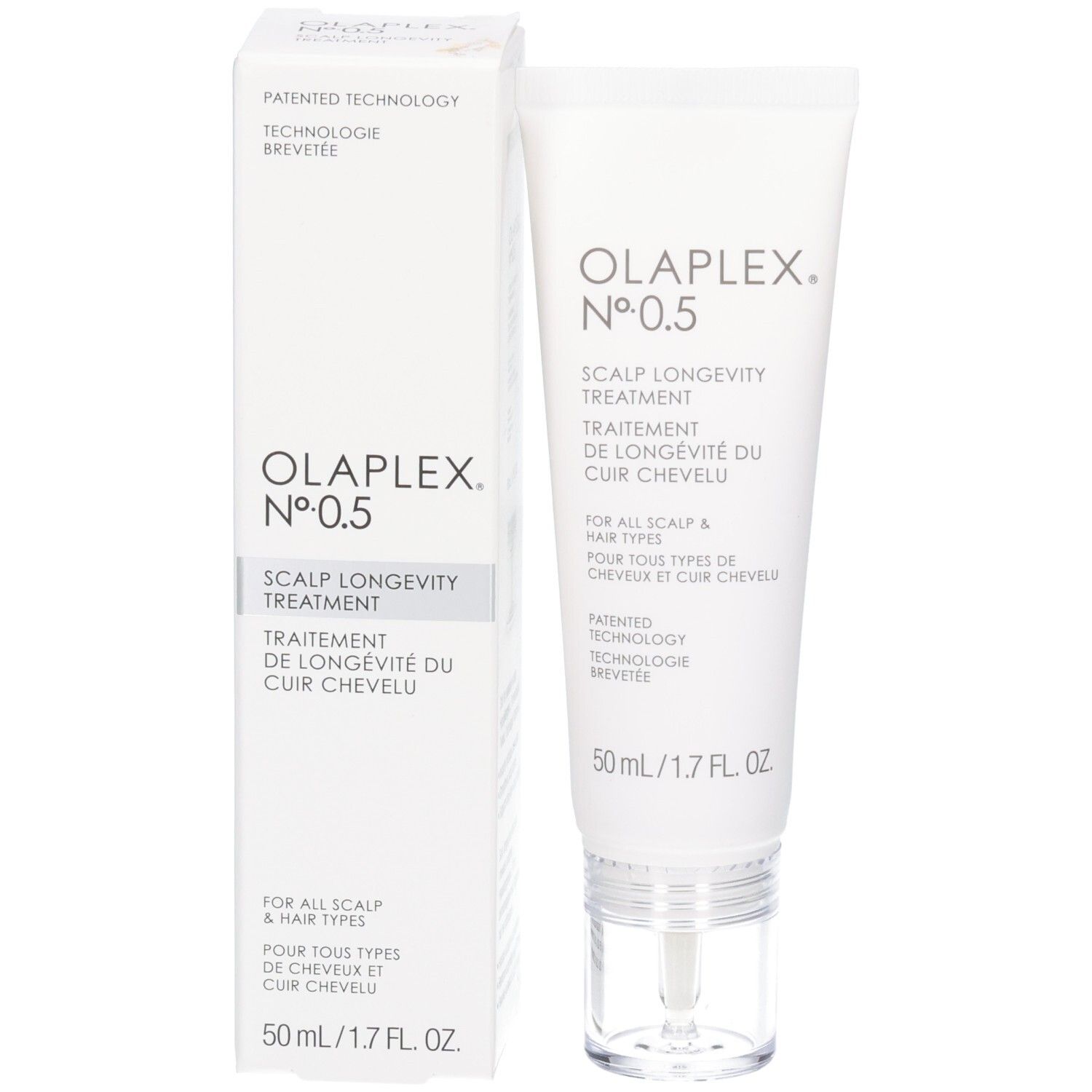 Tube et emballage OLAPLEX No. 0.5 Scalp Longevity Treatment.