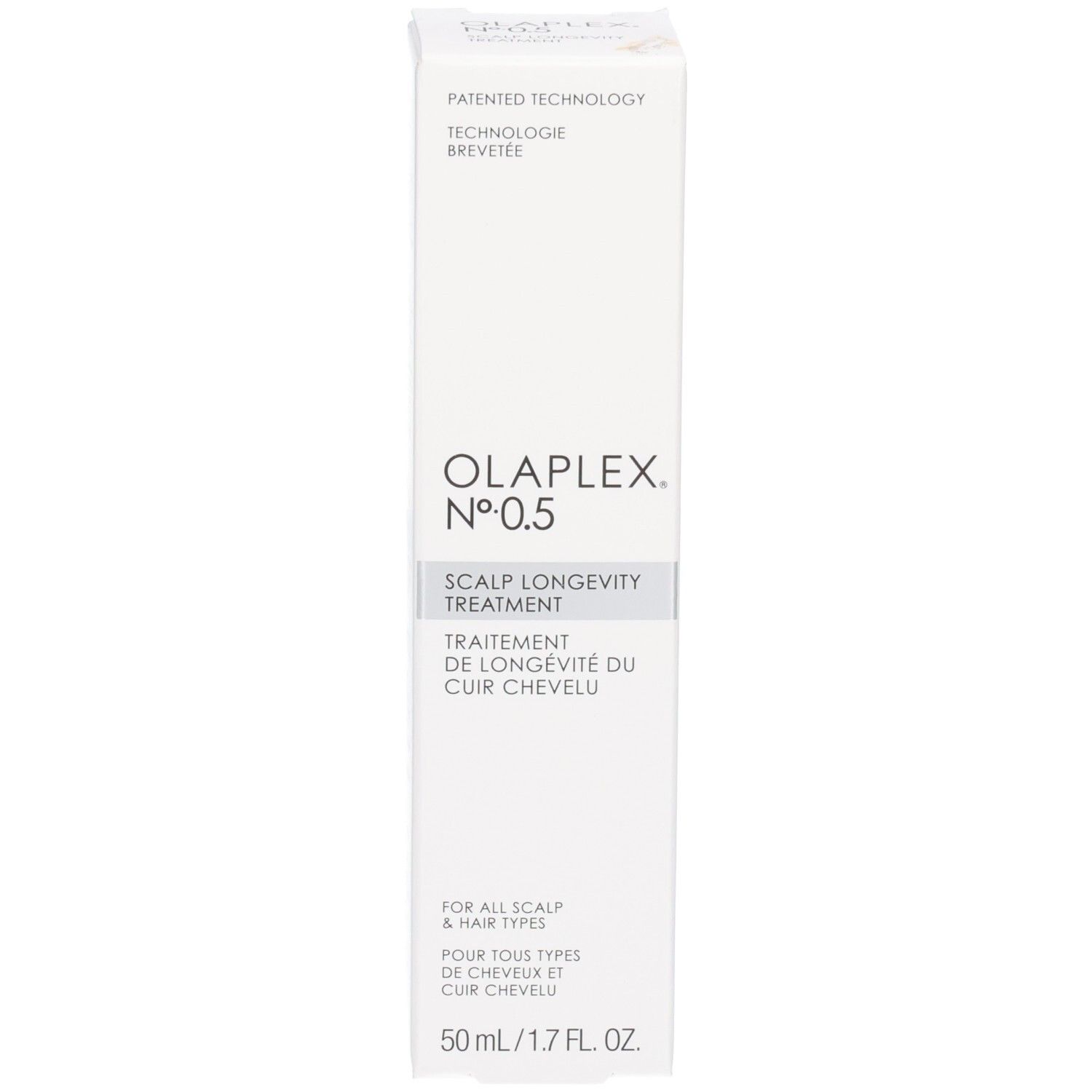 Emballage pour OLAPLEX No. 0.5 Scalp Longevity Treatment.