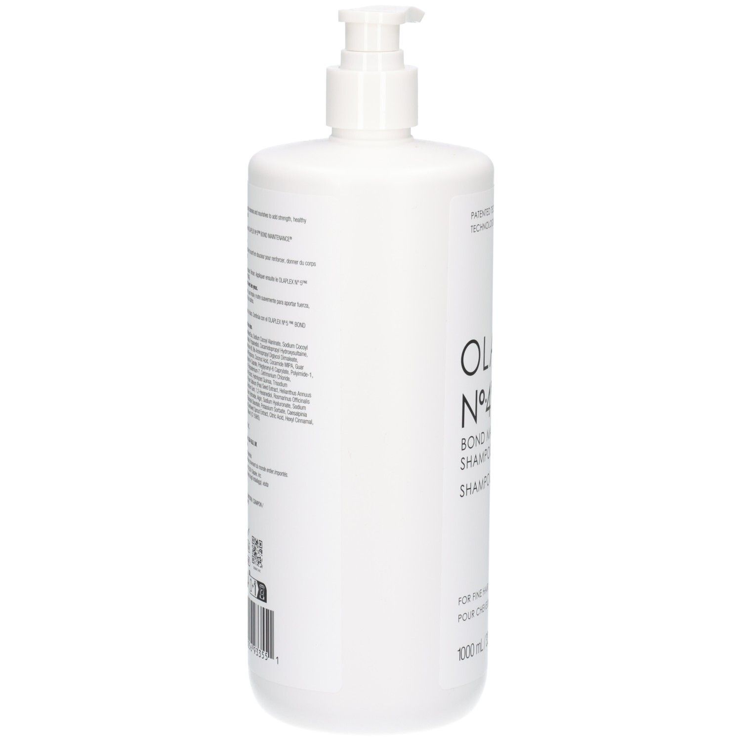 Vue latérale du flacon blanc Olaplex No.4 Fine Bond Maintenance Shampoo avec pompe.
