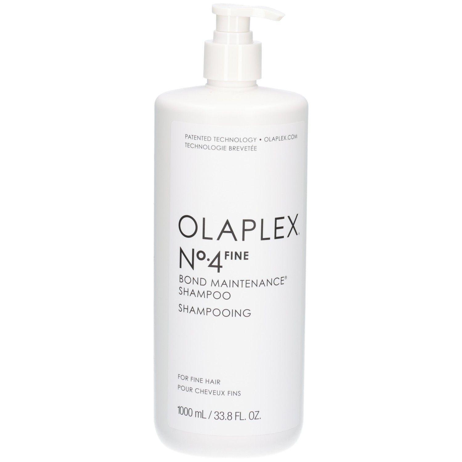 Flacon blanc Olaplex No.4 Fine Bond Maintenance Shampoo avec pompe. 1000 ml.