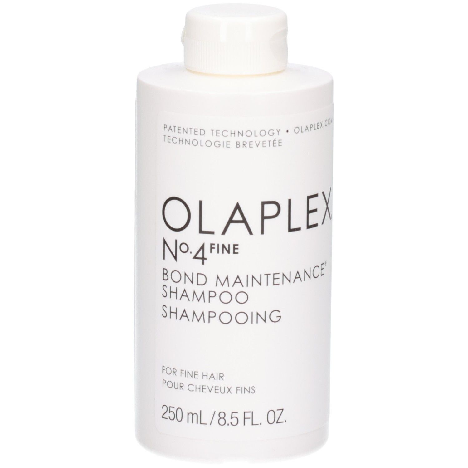 Bouteille blanche Olaplex No.4 Fine Bond Maintenance Shampoo, 250 ml.
