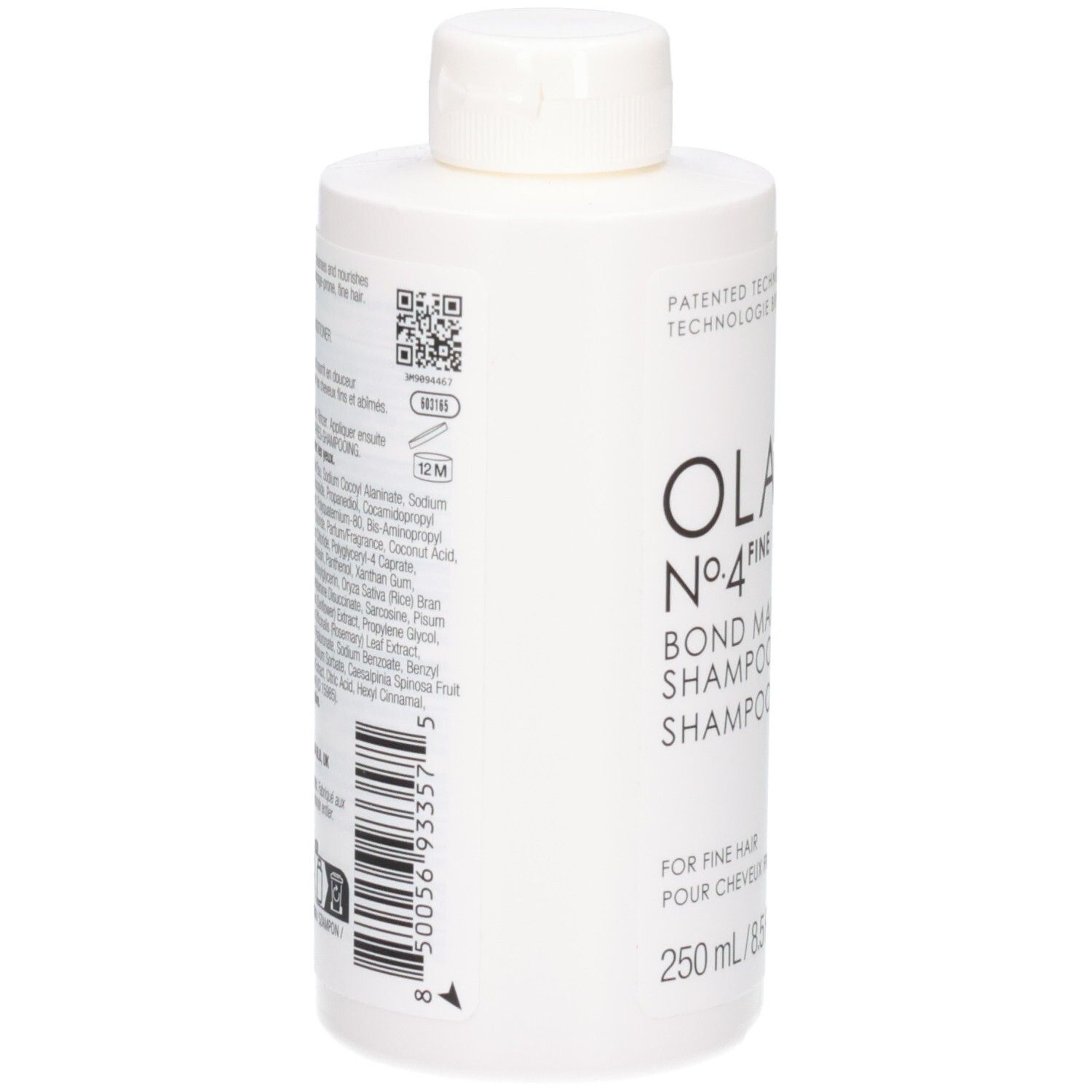 Arrière d'une bouteille blanche Olaplex No.4 Fine Bond Maintenance Shampoo avec ingrédients et code QR.