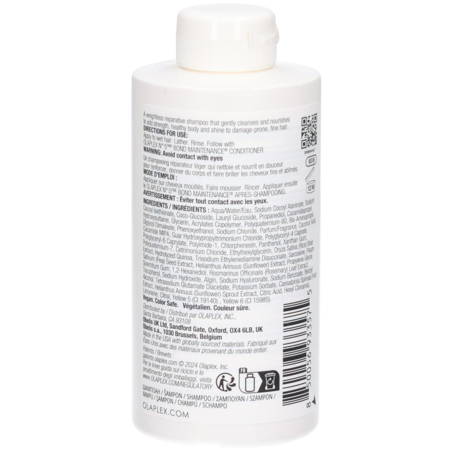 Arrière d'une bouteille blanche Olaplex No.4 Fine Bond Maintenance Shampoo avec instructions et ingrédients.