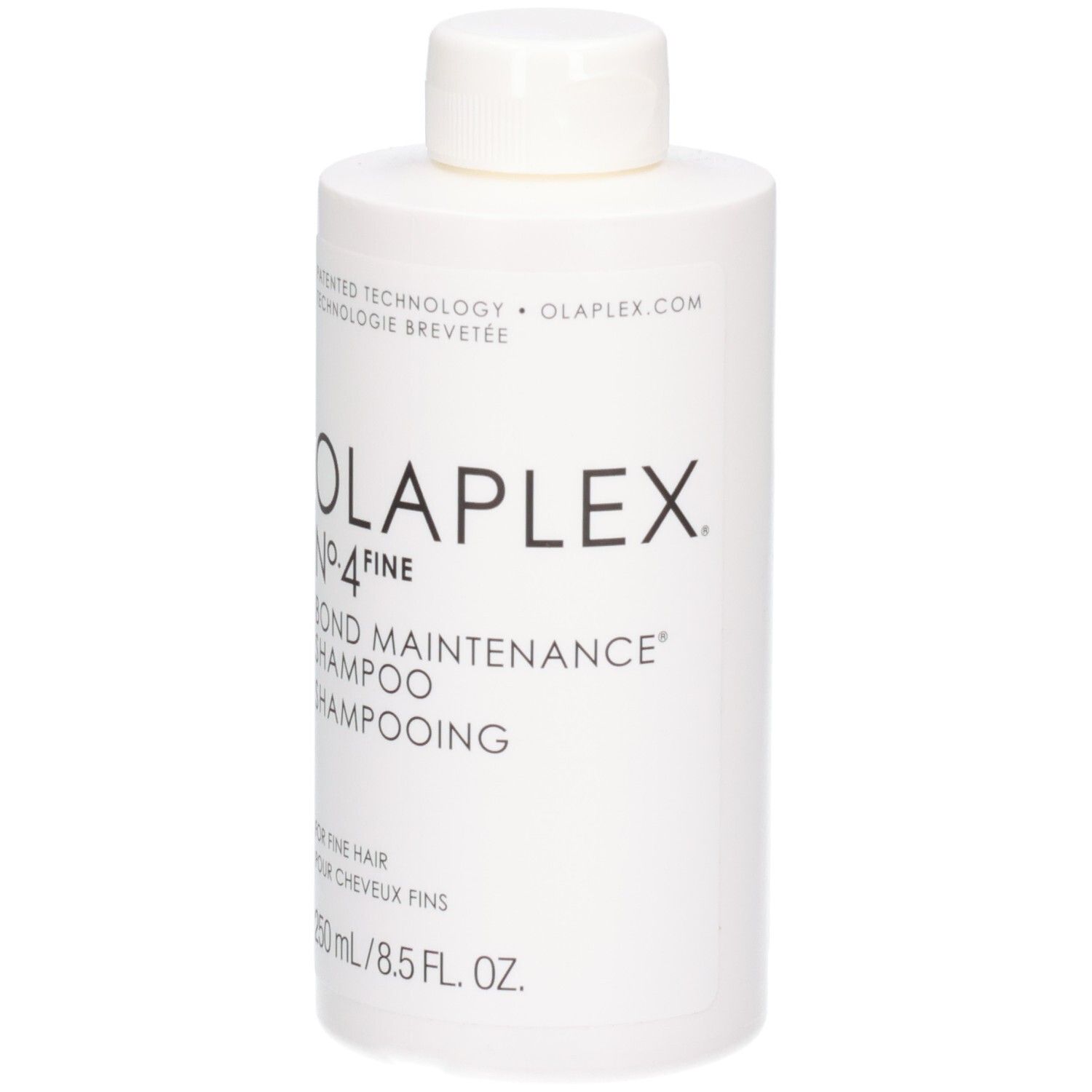 Bouteille blanche Olaplex No.4 Fine Bond Maintenance Shampoo, 250 ml.