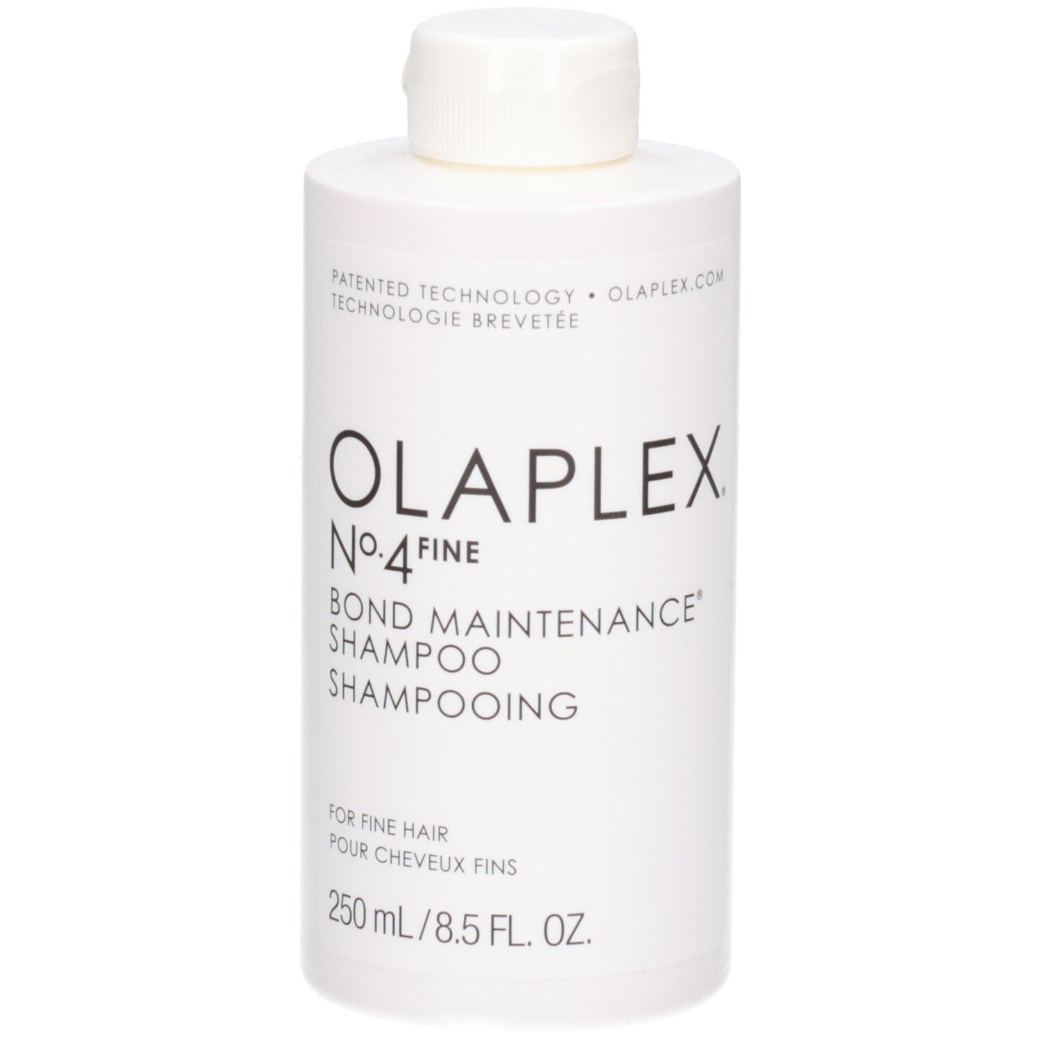 Bouteille blanche Olaplex No.4 Fine Bond Maintenance Shampoo, 250 ml.