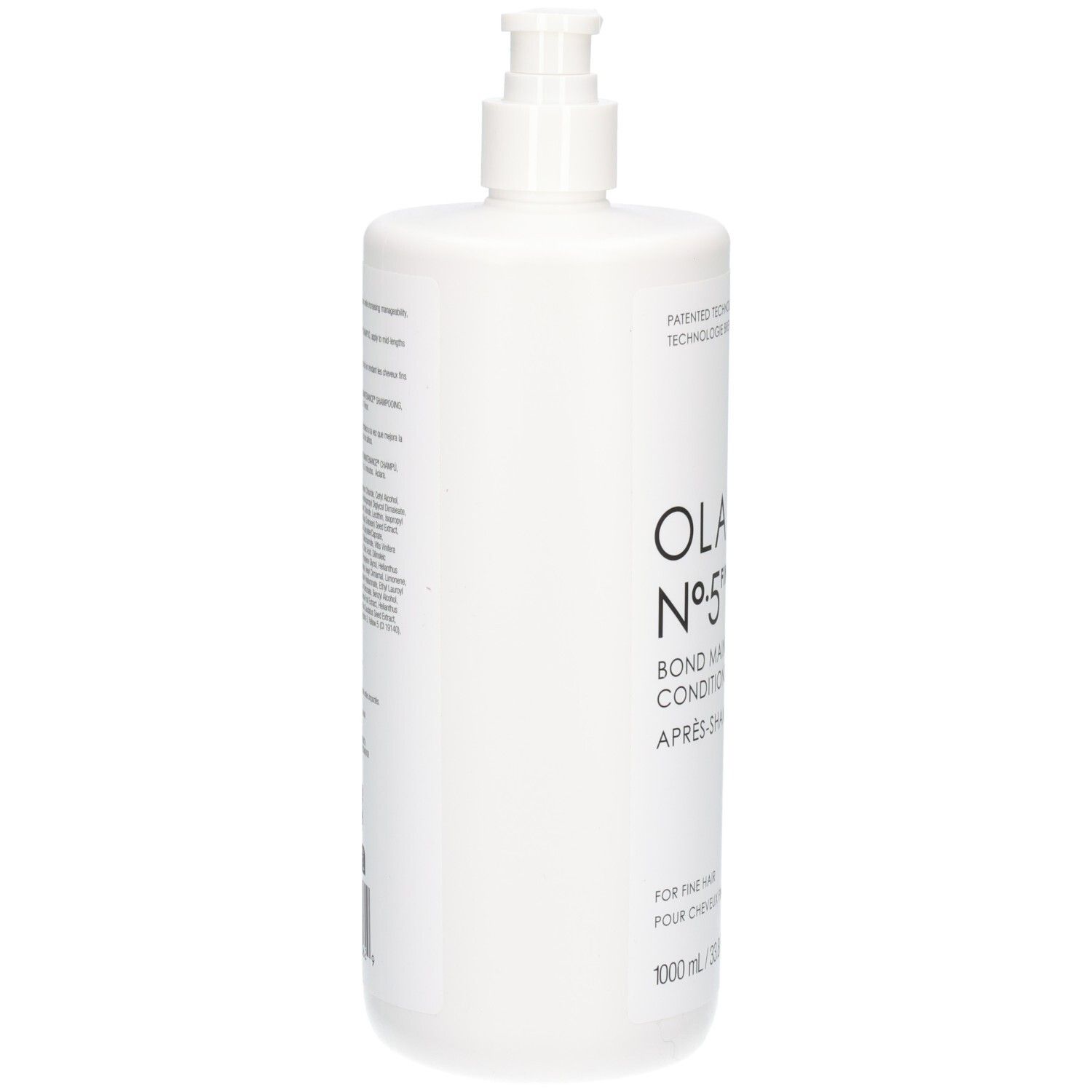 Vue latérale de la bouteille Olaplex No.5 Fine Bond Maintenance Conditioner avec pompe.