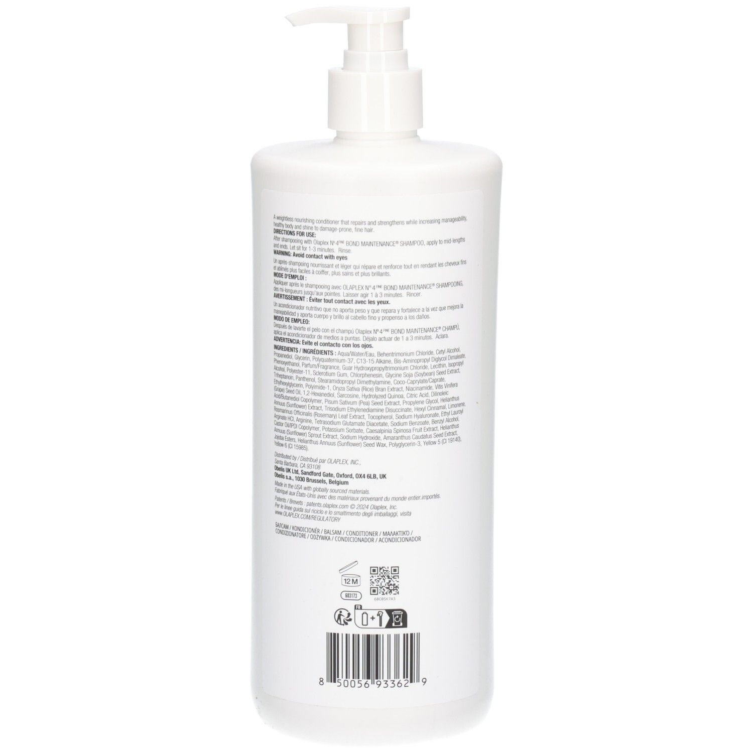 Arrière de la bouteille Olaplex No.5 Fine Bond Maintenance Conditioner avec informations détaillées sur le produit.