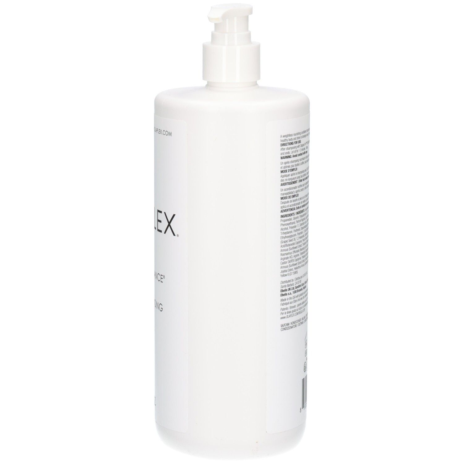 Vue latérale de la bouteille Olaplex No.5 Fine Bond Maintenance Conditioner avec pompe.
