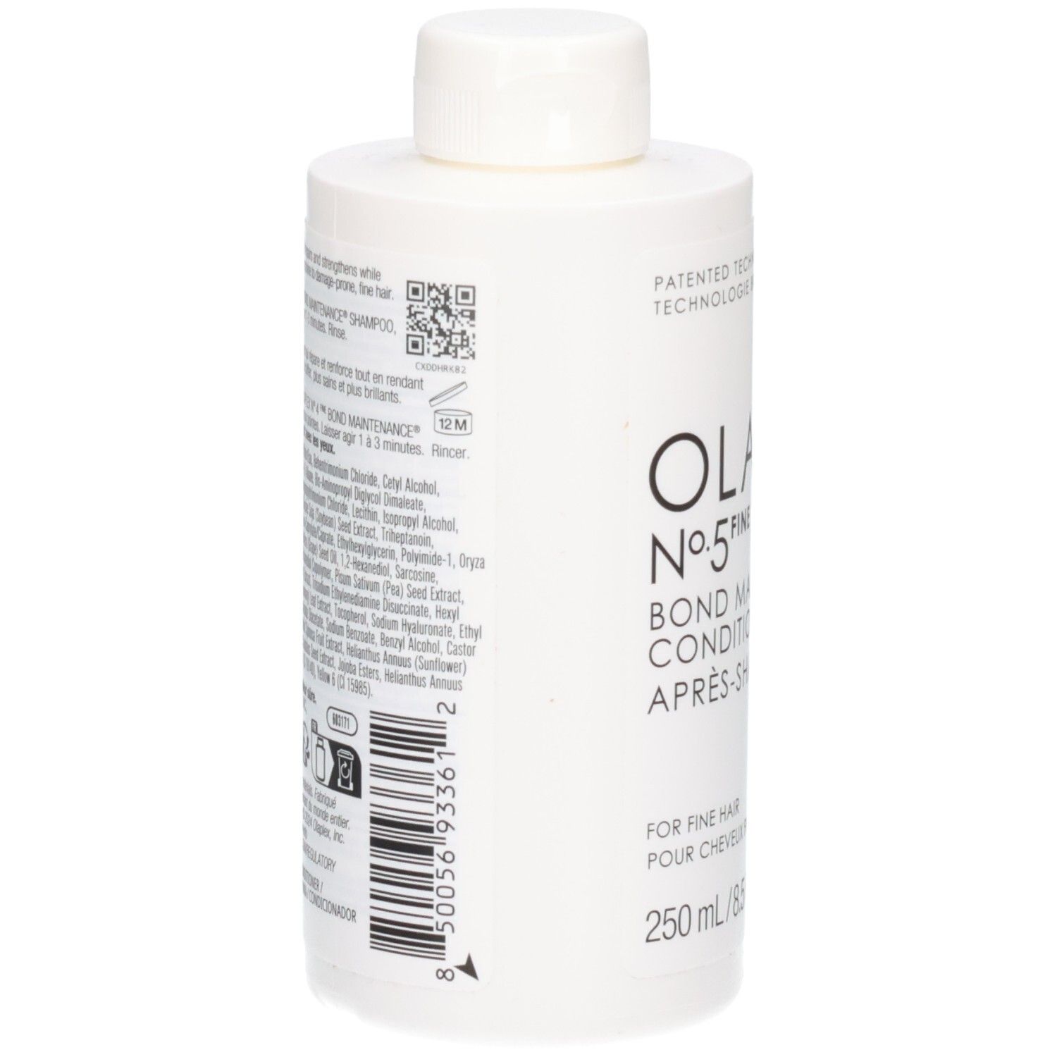Arrière de la bouteille blanche Olaplex No.5 Fine Bond Maintenance Conditioner avec QR code et ingrédients.