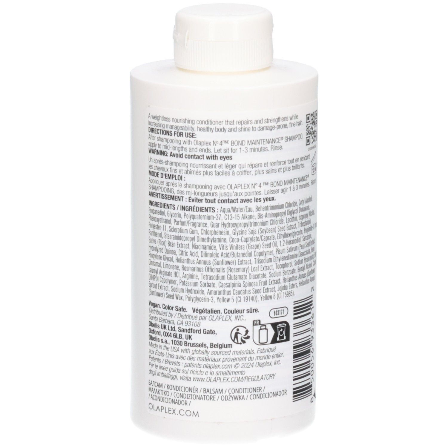 Arrière de la bouteille blanche Olaplex No.5 Fine Bond Maintenance Conditioner avec ingrédients détaillés et certifications.