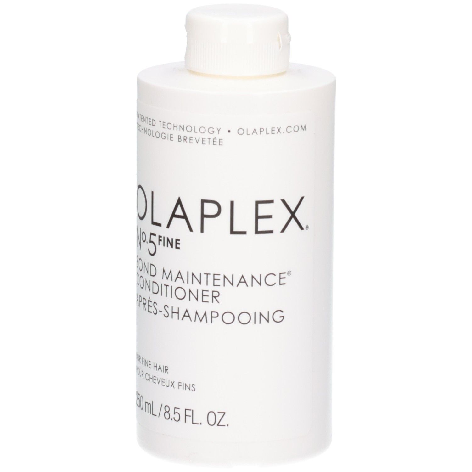 Bouteille blanche Olaplex No.5 Fine Bond Maintenance Conditioner, 250 ml.
