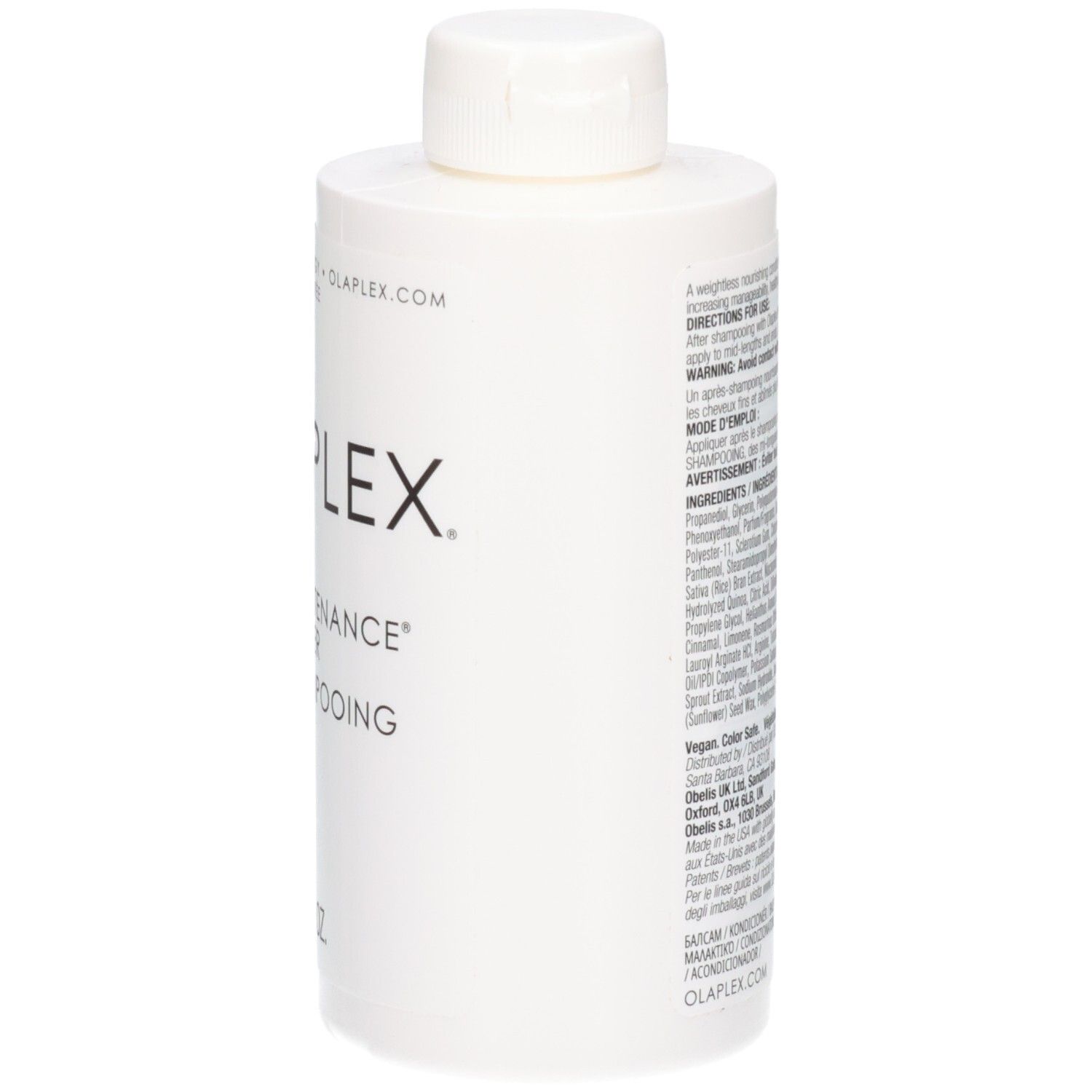 Vue latérale de la bouteille blanche Olaplex No.5 Fine Bond Maintenance Conditioner avec liste d'ingrédients.