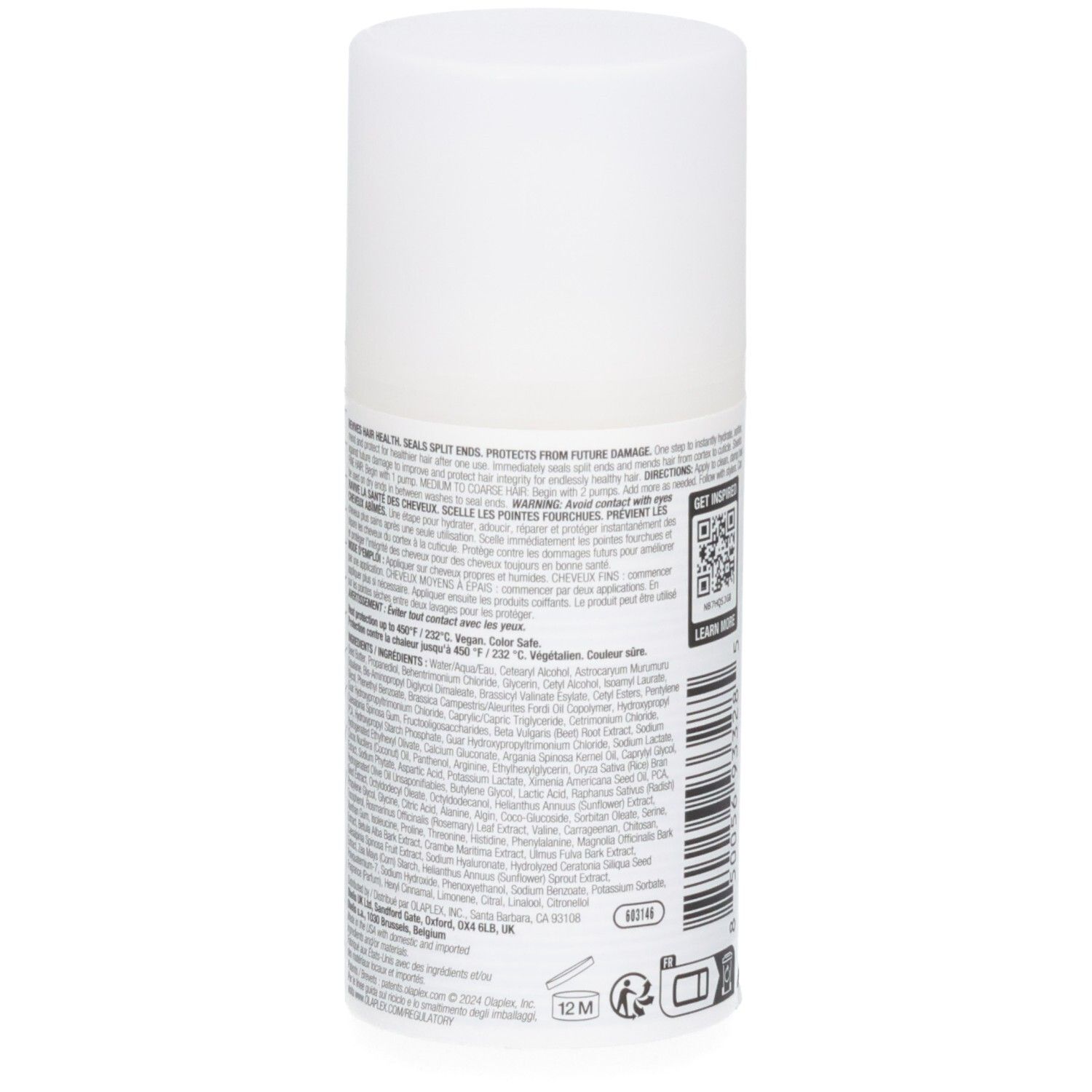 Arrière du flacon blanc OLAPLEX No.5 Leave-In Conditioner avec liste détaillée des ingrédients.