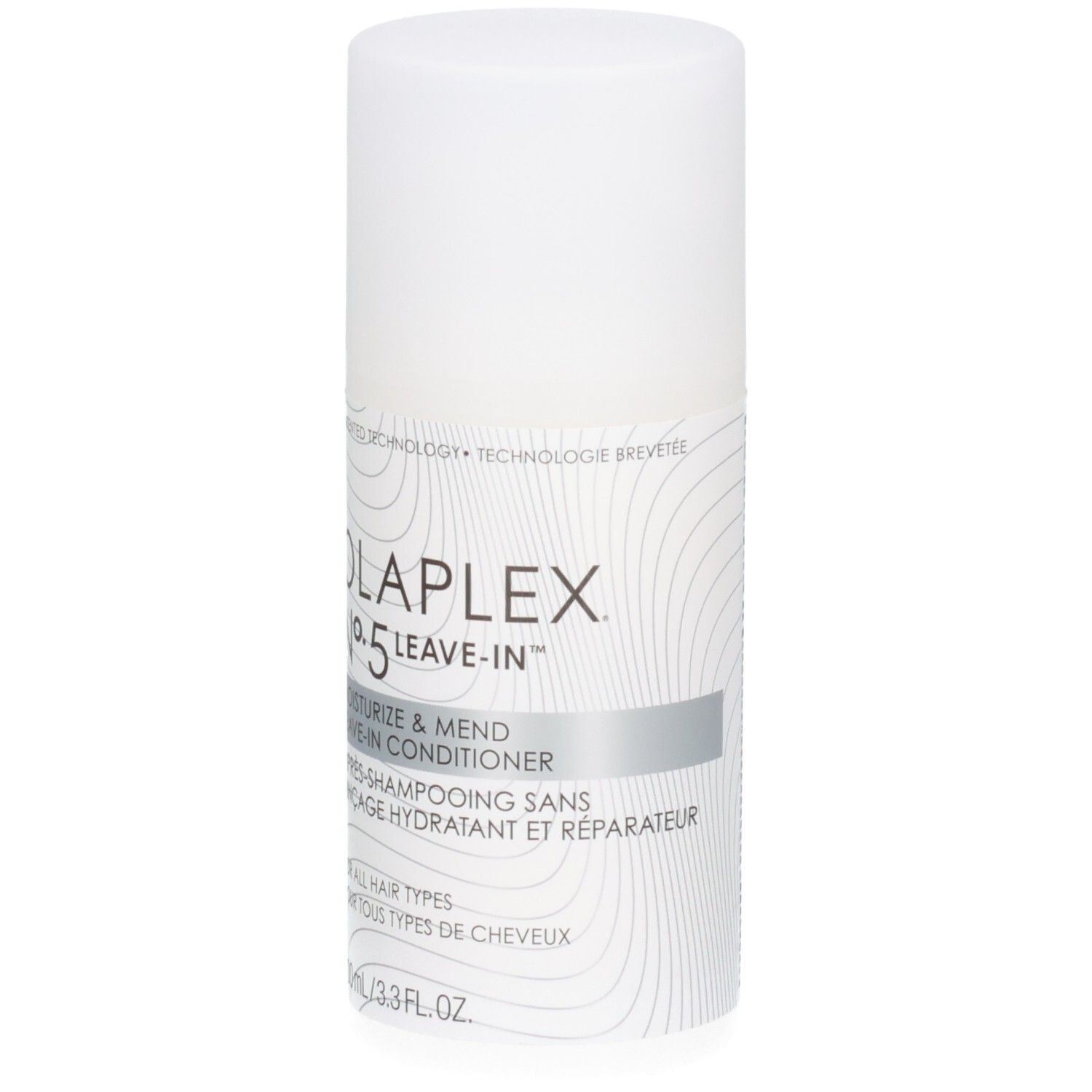 Flacon blanc OLAPLEX No.5 Leave-In Après-shampoing hydratant et réparateur, vue de face.