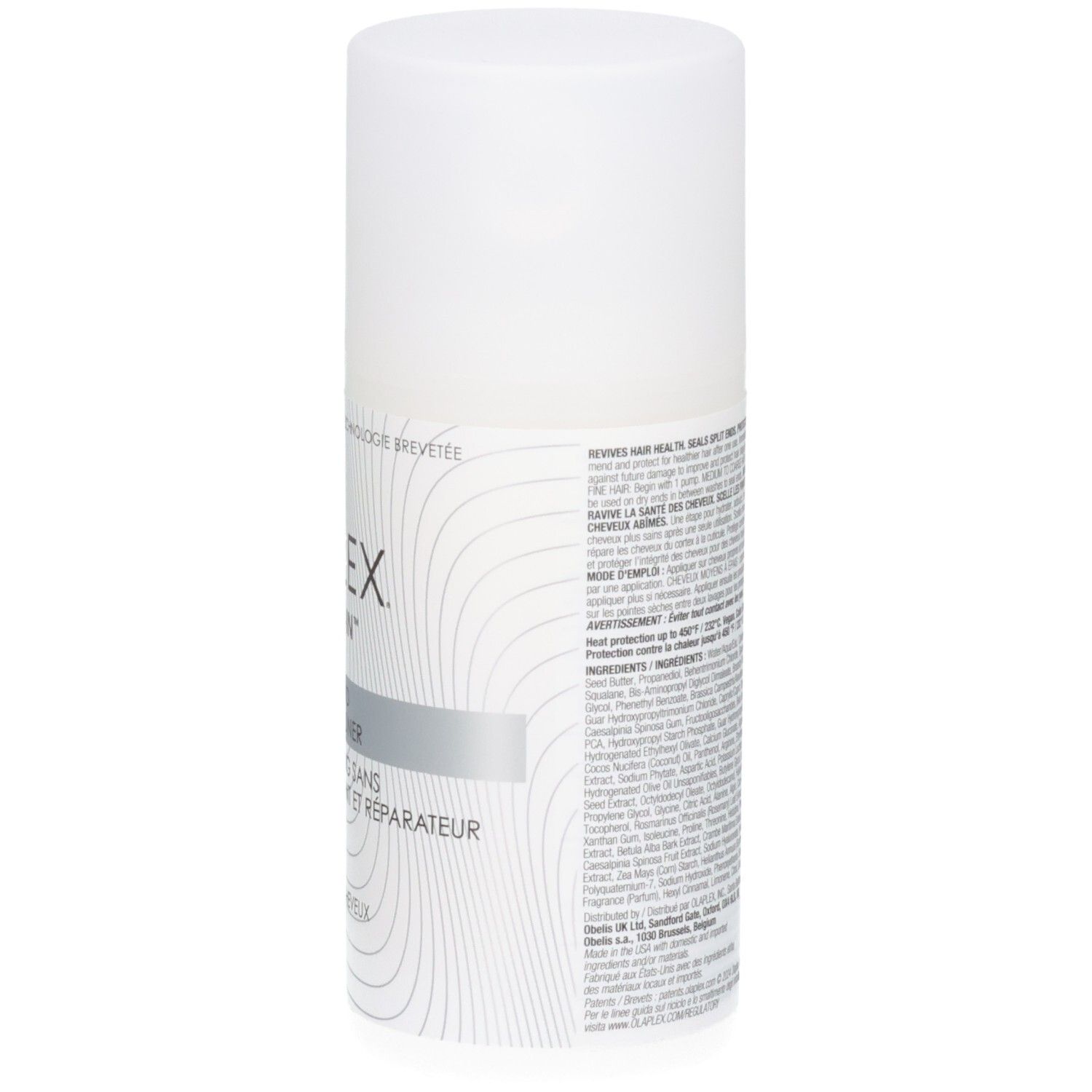 Vue latérale du flacon blanc OLAPLEX No.5 Leave-In Conditioner avec informations textuelles.