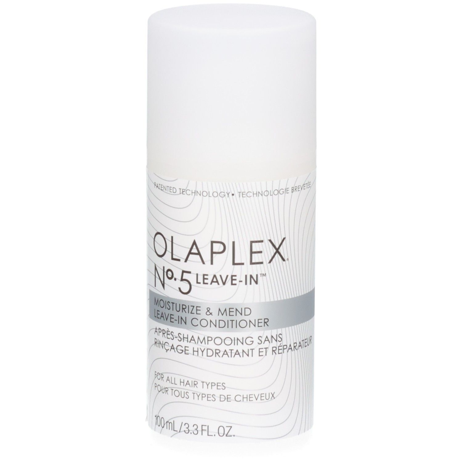 Flacon blanc OLaplex No.5 Leave-In Après-shampoing hydratant et réparateur, légèrement en biais.