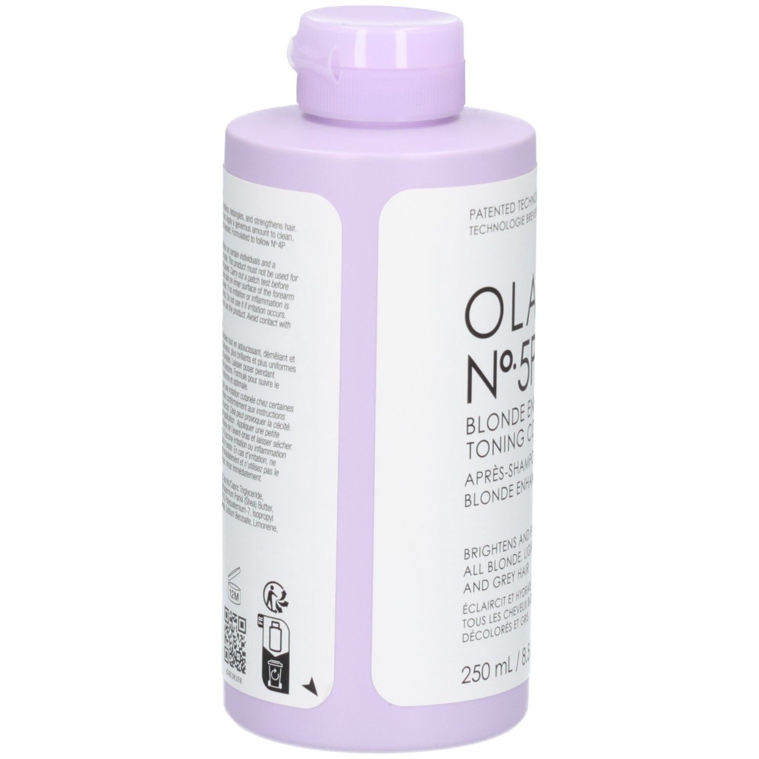 Arrière de la bouteille OLAPLEX No.5P Blonde Enhancer Toning Conditioner avec instructions.