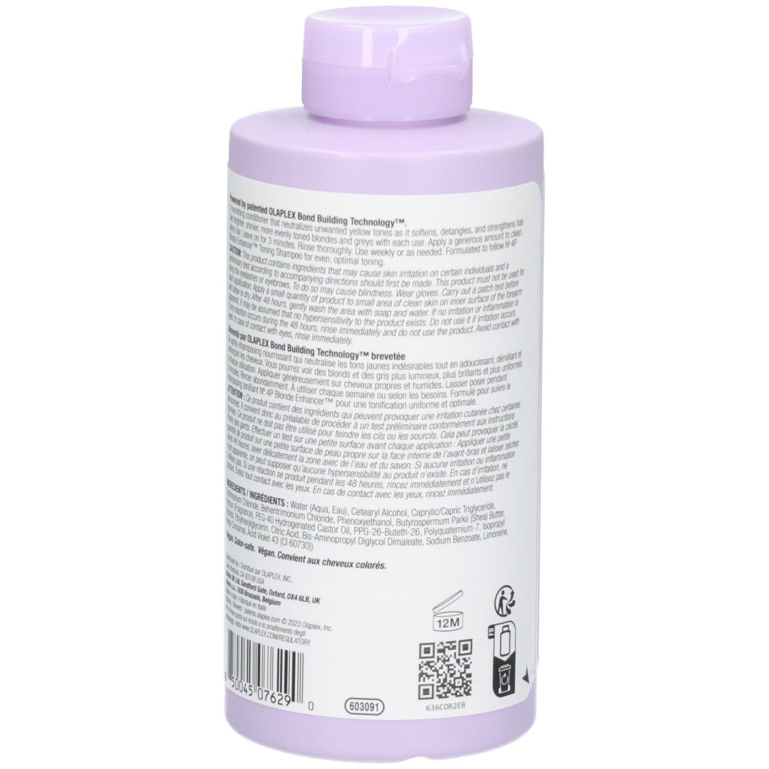 Arrière de la bouteille OLAPLEX No.5P Blonde Enhancer Toning Conditioner avec ingrédients et code-barres.