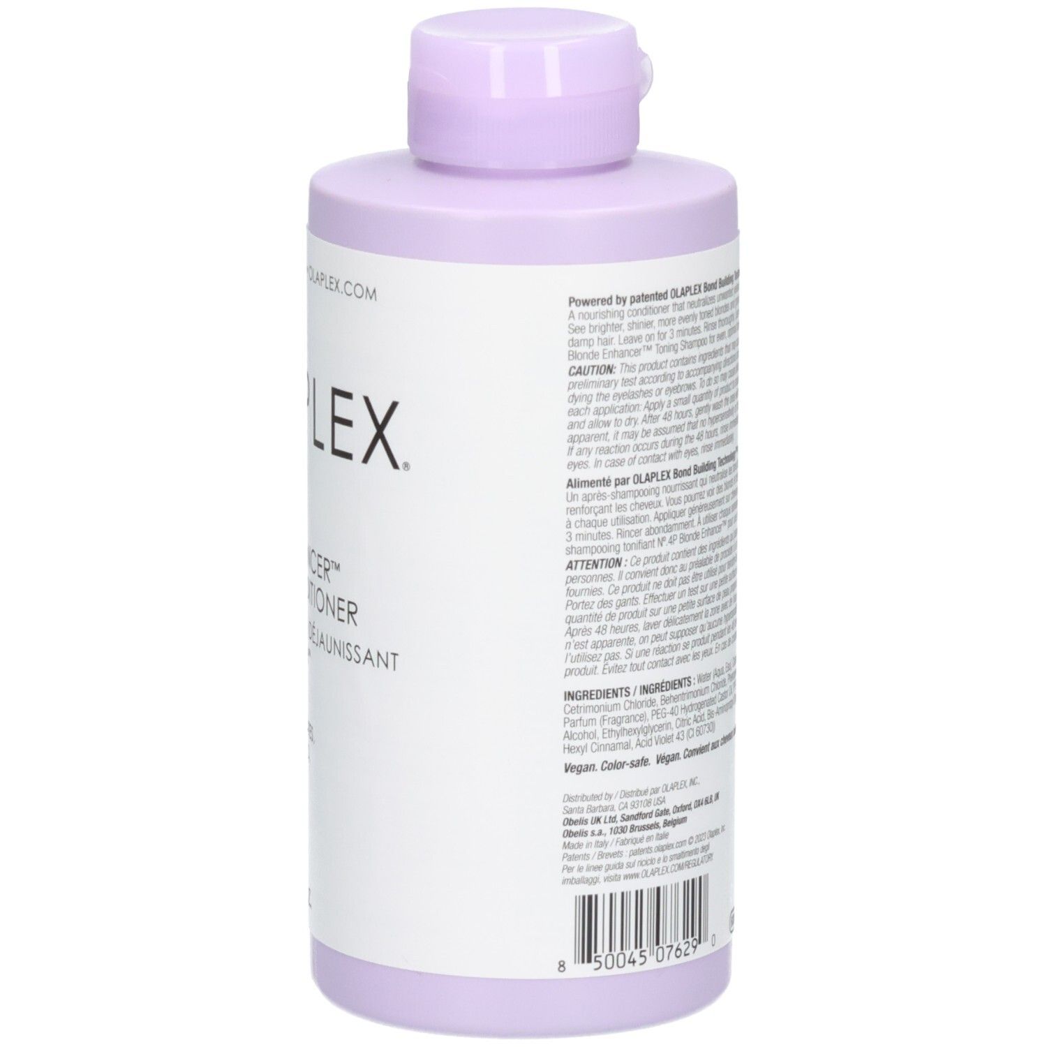 Vue latérale de la bouteille OLAPLEX No.5P Blonde Enhancer Toning Conditioner.