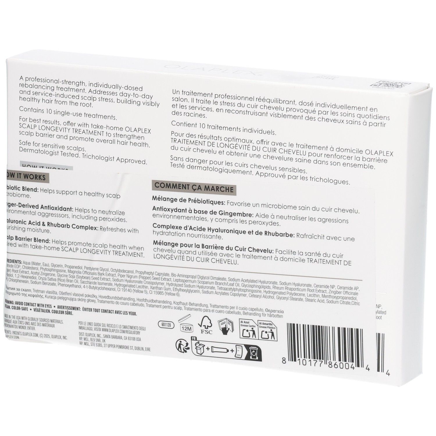 Arrière de la boîte Olaplex Pro Scalp Rebalancing Concentrate avec informations d'utilisation.