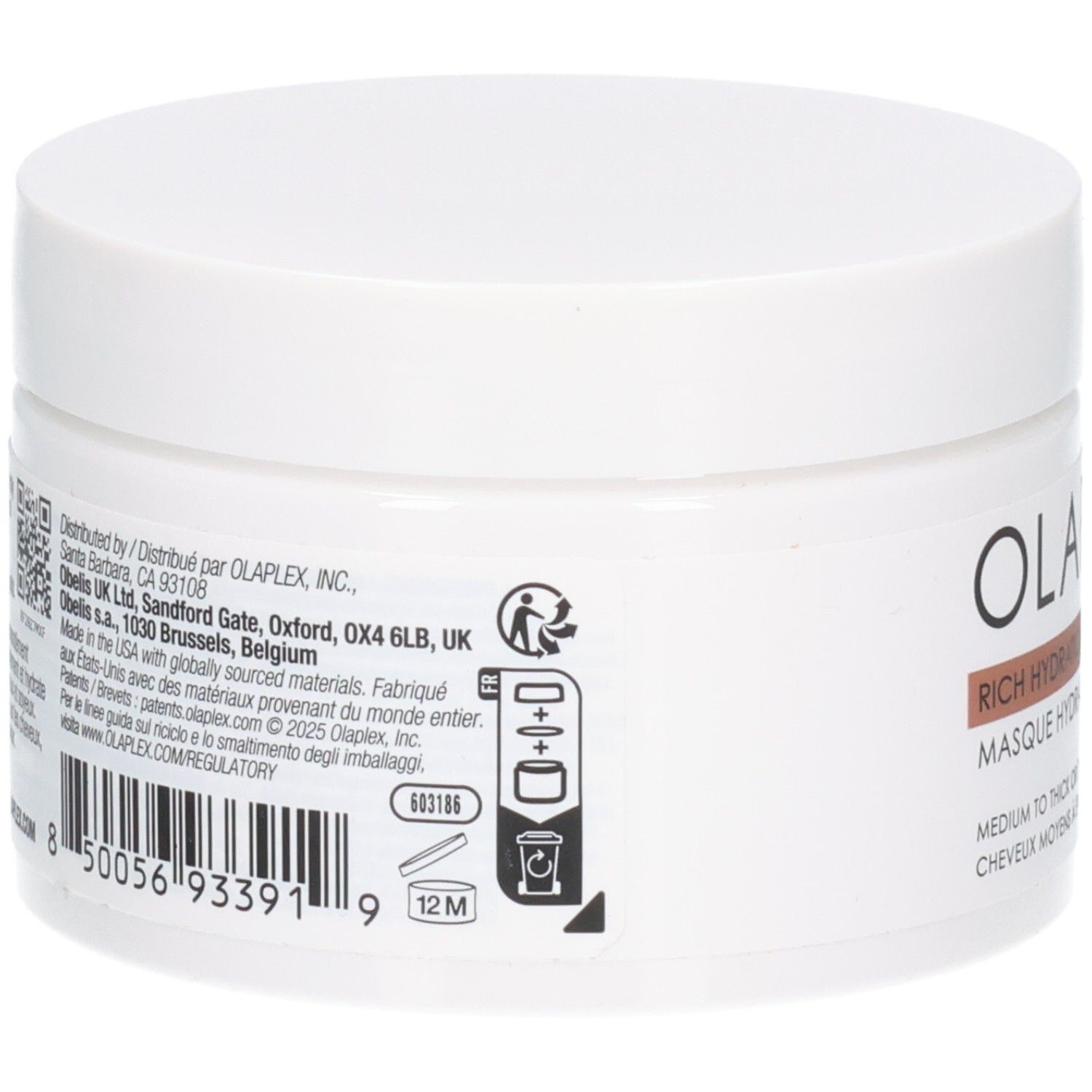 Arrière du pot OLAPLEX Rich Hydration Mask avec code-barres et symboles d'application.