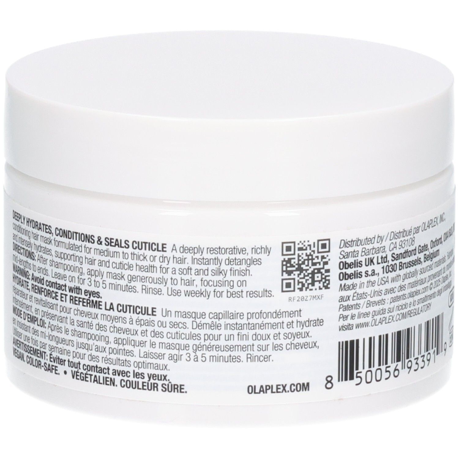 Arrière du pot OLAPLEX Rich Hydration Mask avec instructions d'application et code QR.