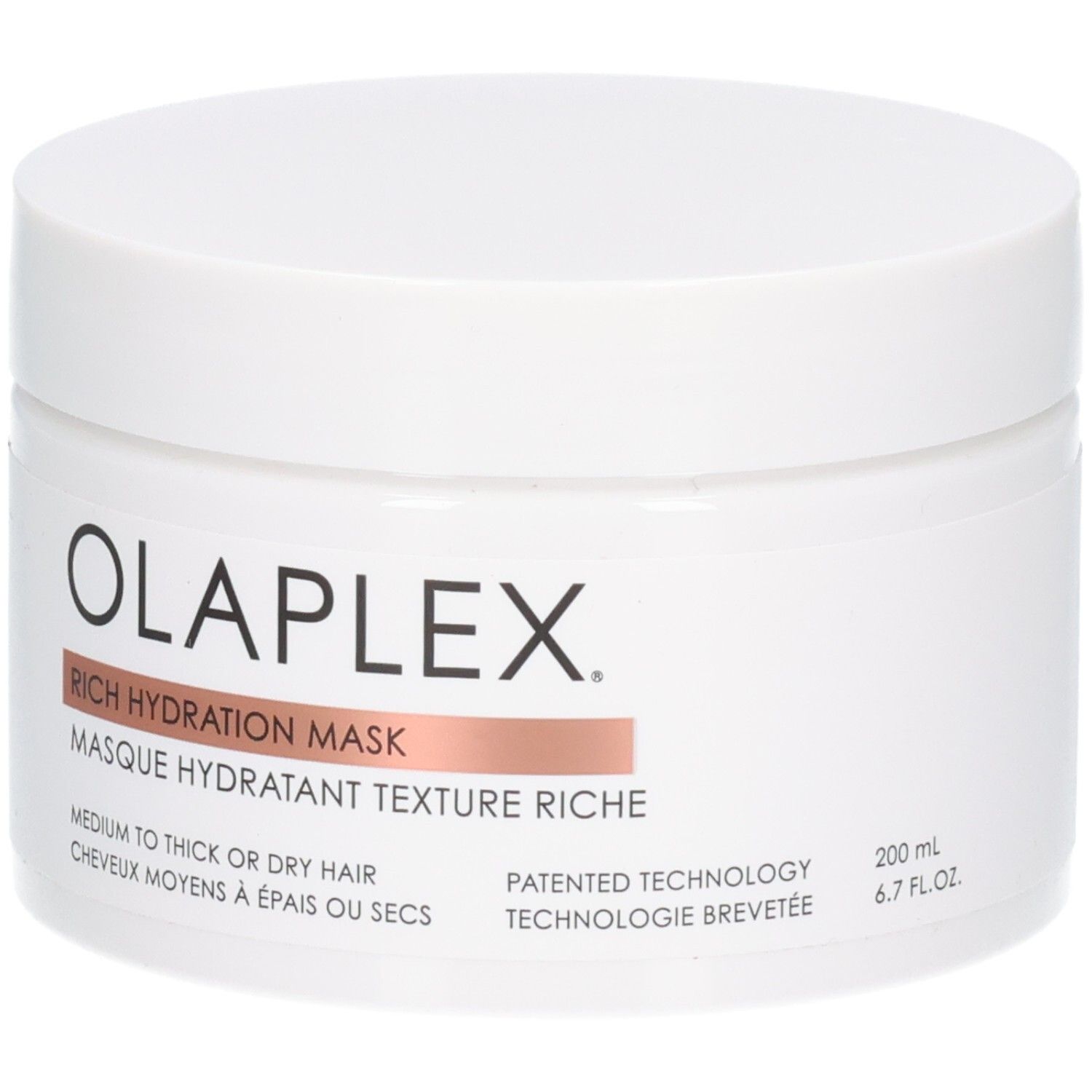 OLAPLEX Rich Hydration Mask, pot blanc avec accent rose, 200 ml.