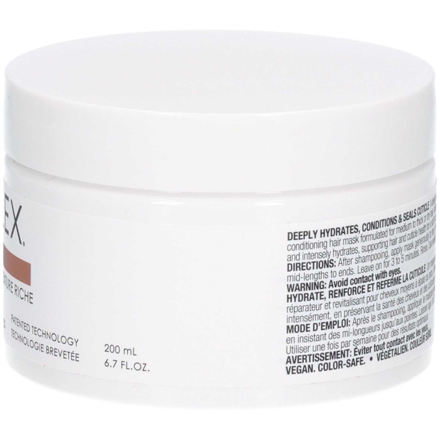 Côté du pot OLAPLEX Rich Hydration Mask avec instructions d'application et indication de volume.