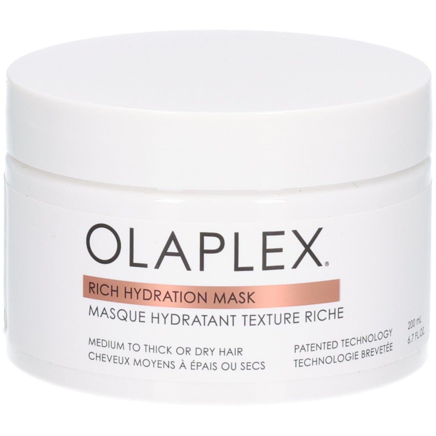 OLAPLEX Rich Hydration Mask, pot blanc avec accent rose, 200 ml, vue de face.