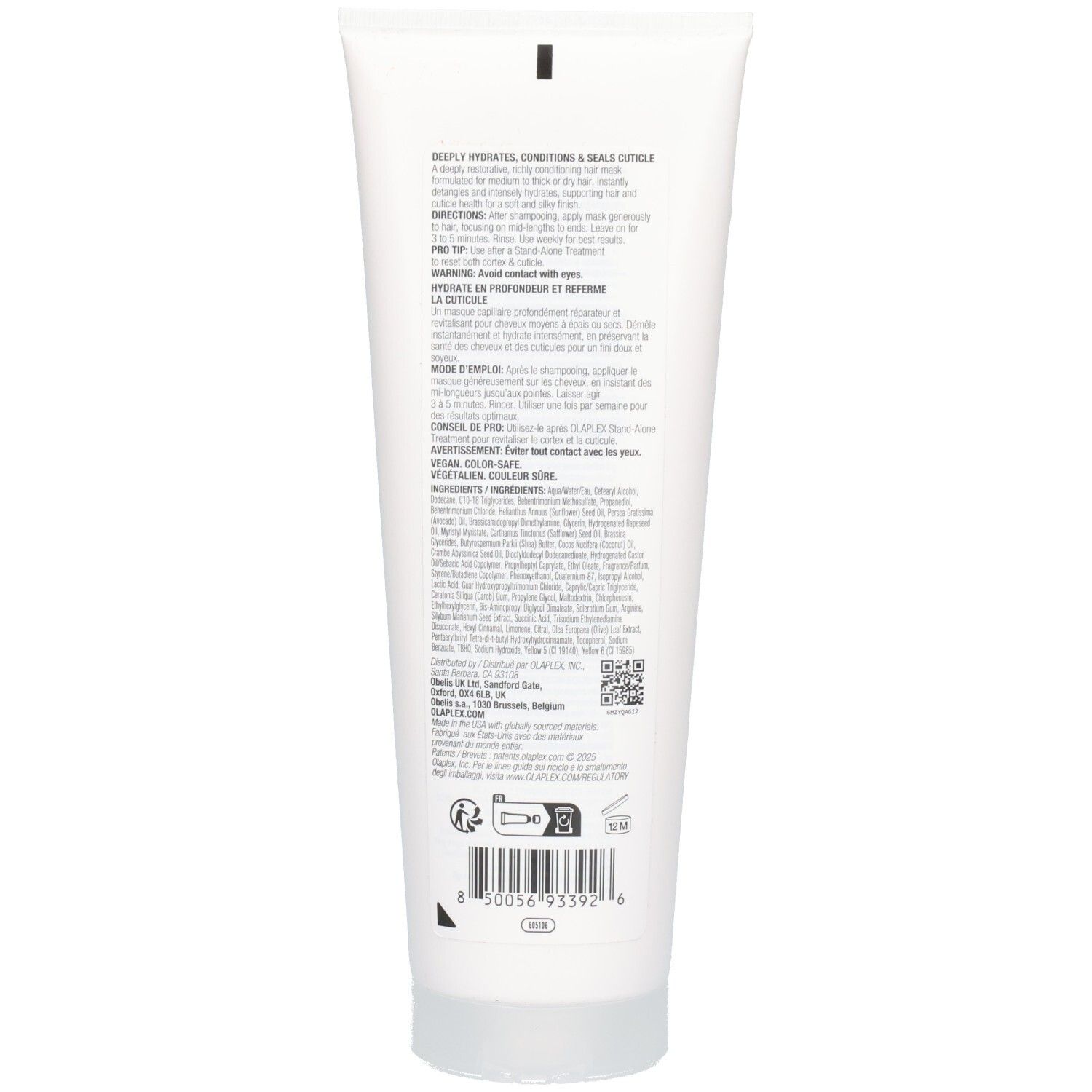 Arrière du tube Olaplex Rich Hydration Mask avec ingrédients et instructions.