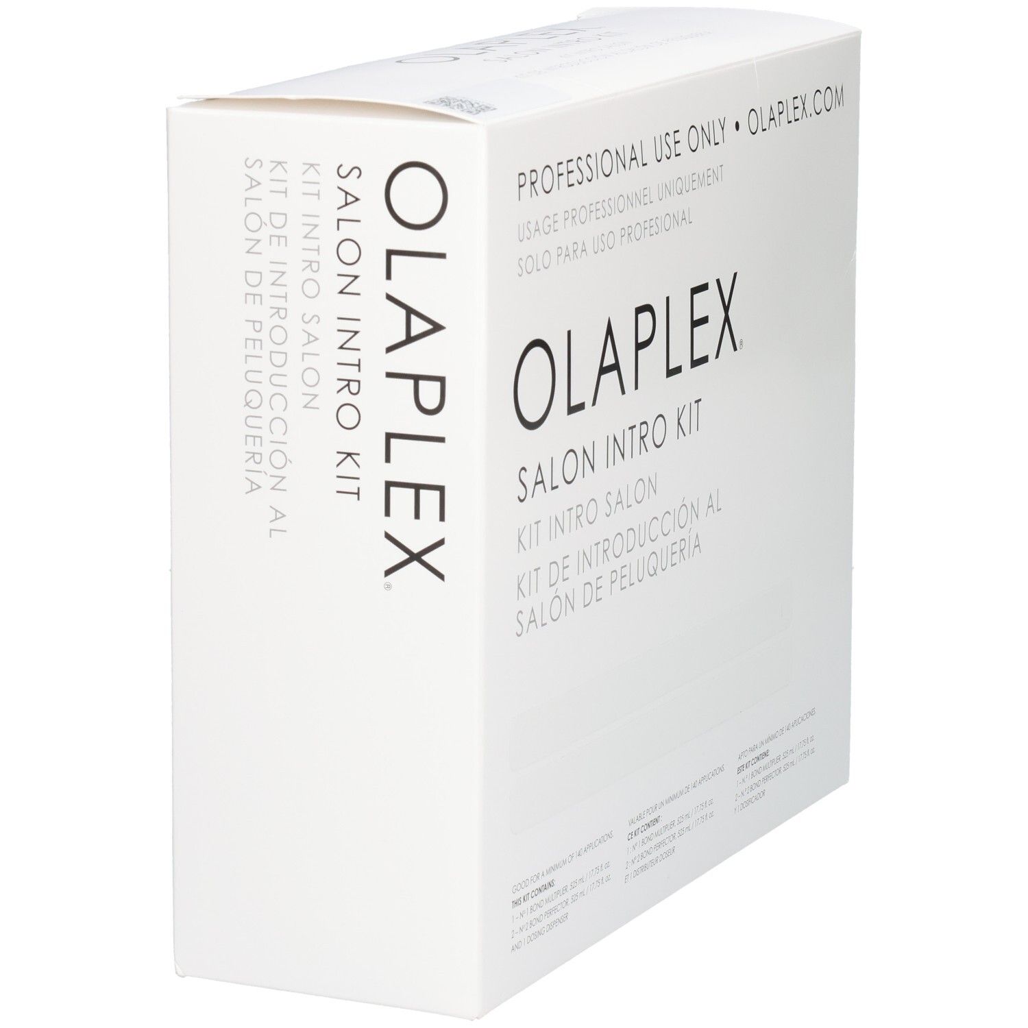 Emballage Olaplex Salon Intro Kit, vue latérale avec texte vertical.