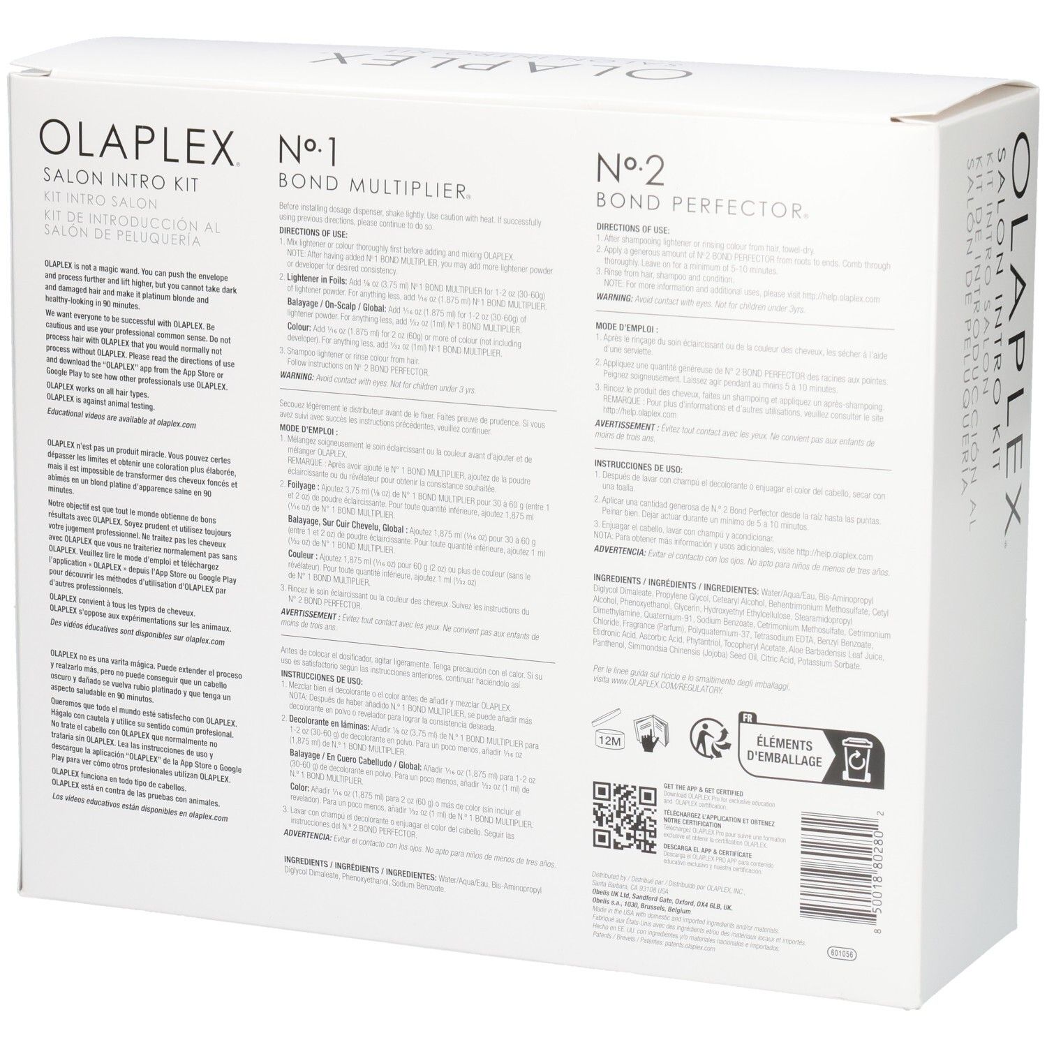 Arrière de l'emballage Olaplex Salon Intro Kit avec instructions d'application détaillées et ingrédients.