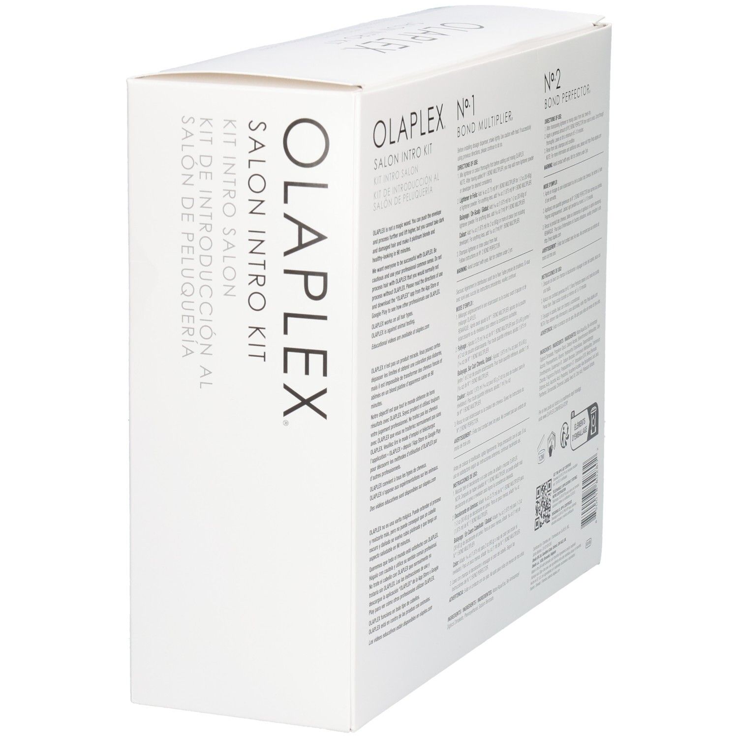 Emballage Olaplex Salon Intro Kit, vue en biais de l'arrière avec informations produit.
