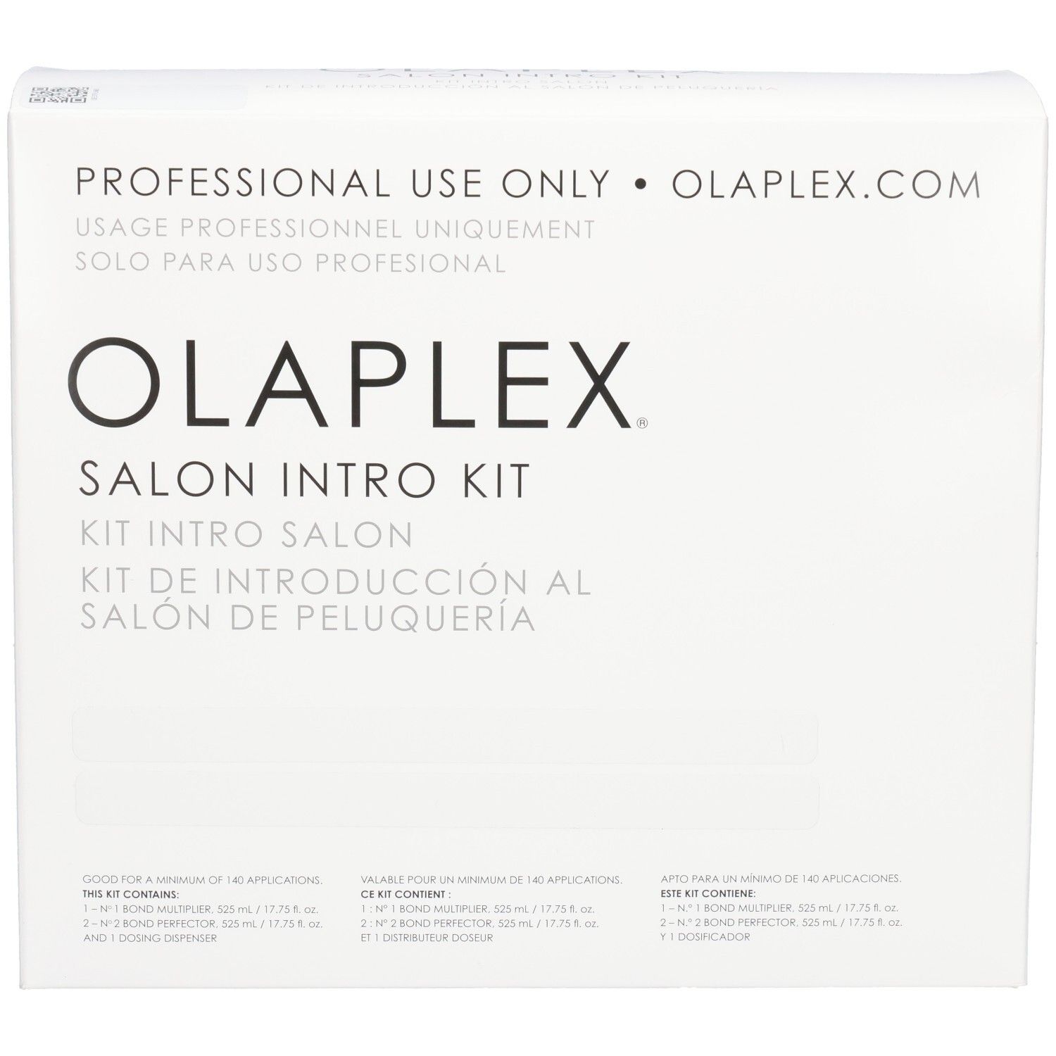 Avant de l'emballage Olaplex Salon Intro Kit avec nom de marque et instructions d'utilisation.