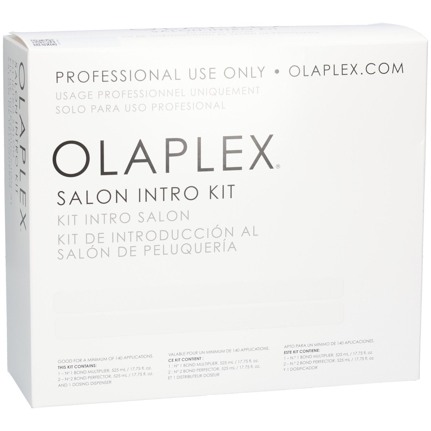 Emballage Olaplex Salon Intro Kit, vue de face avec nom de marque et instructions d'utilisation.