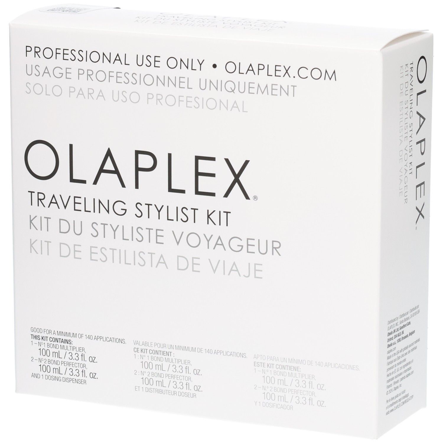 Kit de voyage Olaplex : boîte avec informations produit et nom de marque.