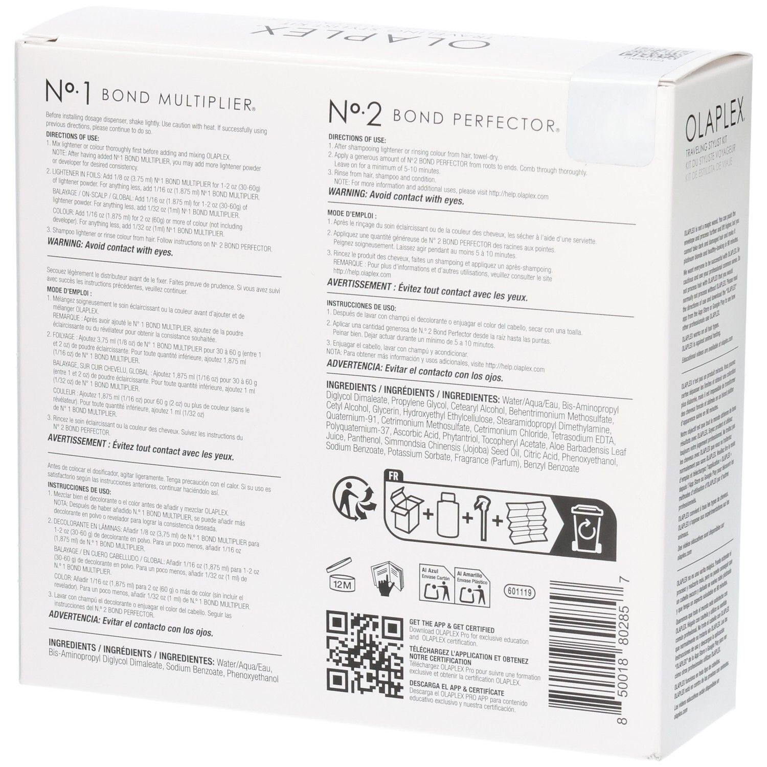 Kit de voyage Olaplex : arrière de la boîte avec ingrédients et symboles d'application.