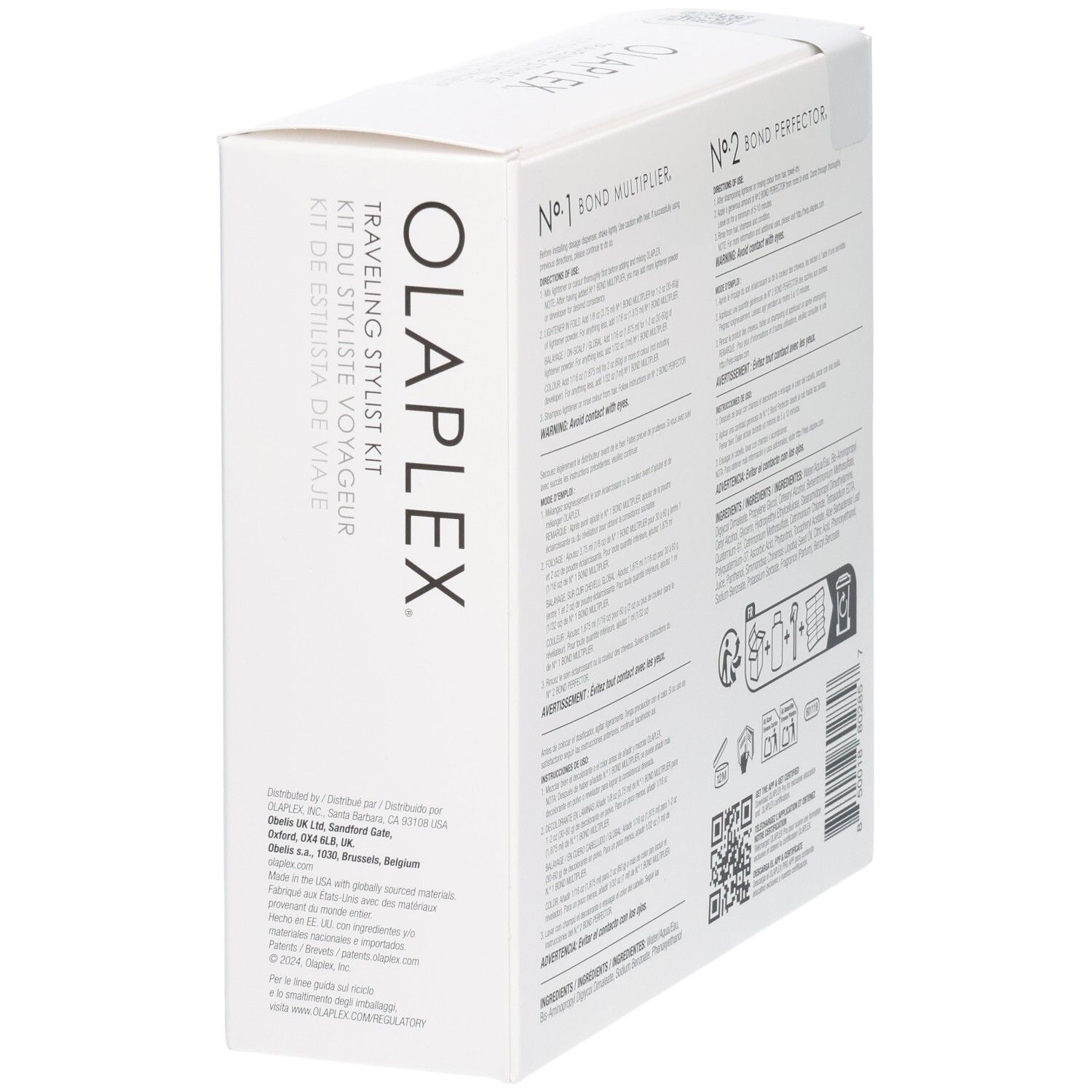 Kit de voyage Olaplex : vue latérale de la boîte avec informations de distribution.
