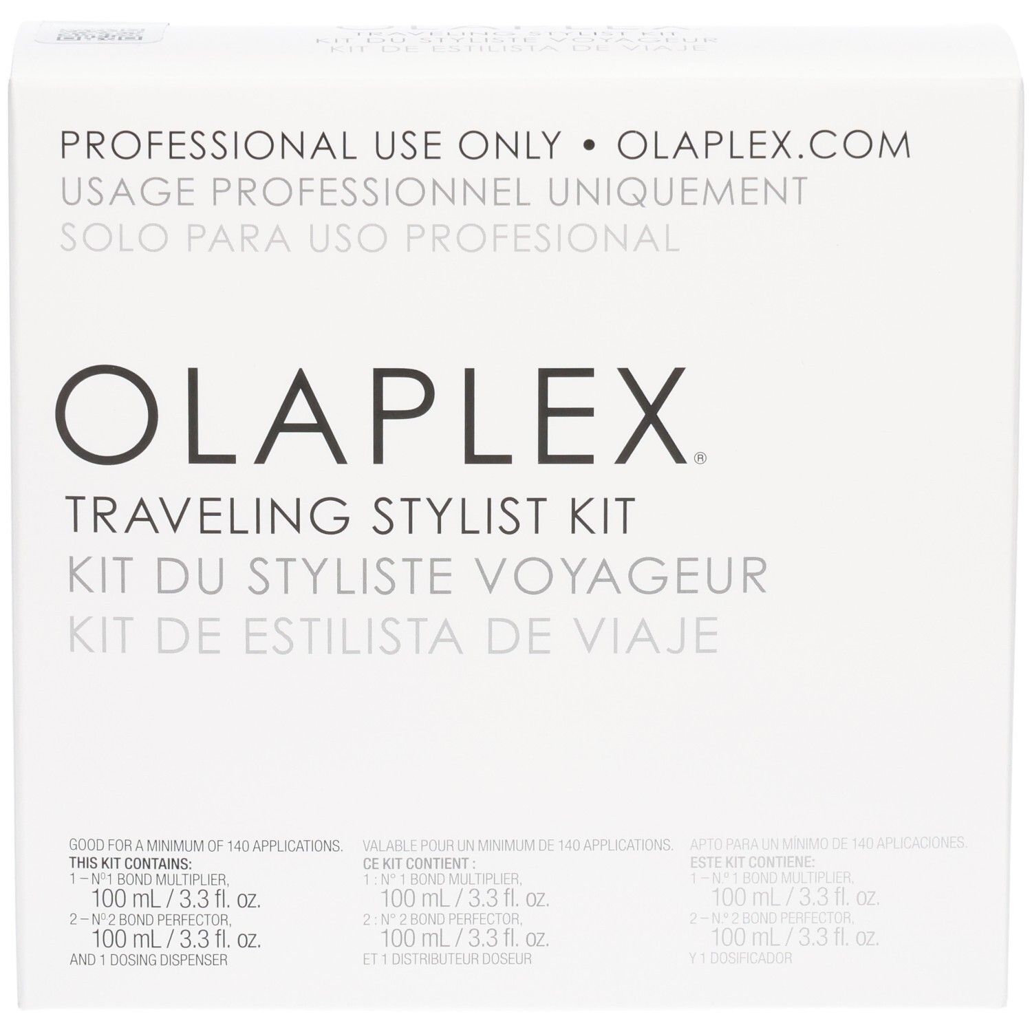 Kit de voyage Olaplex : avant de la boîte avec nom du produit et liste du contenu.