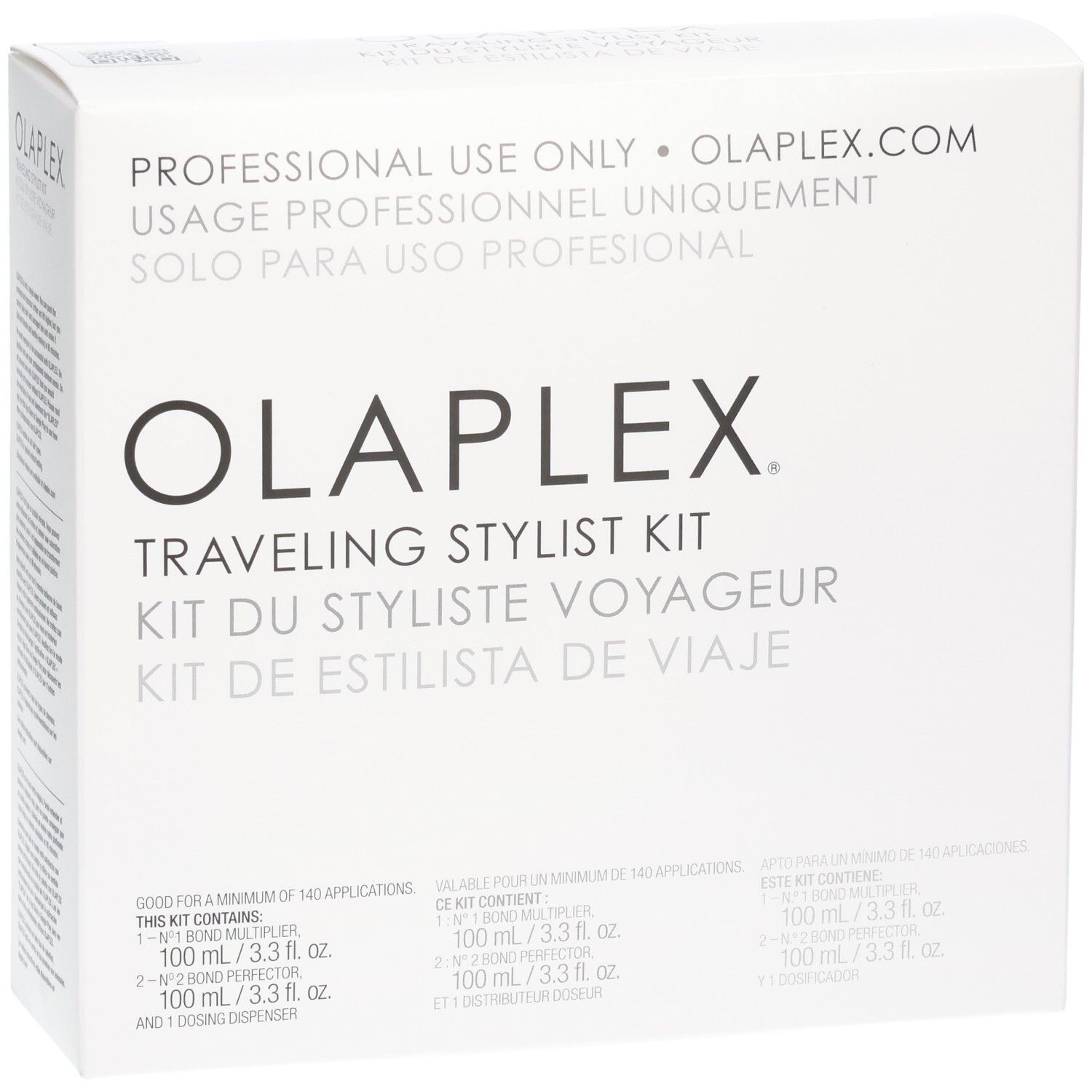 Kit de voyage Olaplex : avant de la boîte avec nom du produit et liste du contenu.